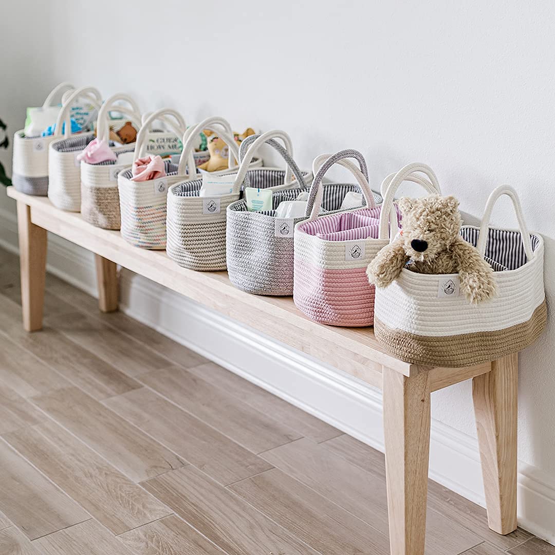 OrganiHaus Rope Diaper Caddy Basket - Baby Changing Organizer with Dividers & Handles, Nursery Storage Basket for Newborn Essentials | Perfect Baby Shower Gift & Changing Table Organizer (White) - Ideal for Diaper Storage, Baby Wipes, Lotions & Nursery Organization