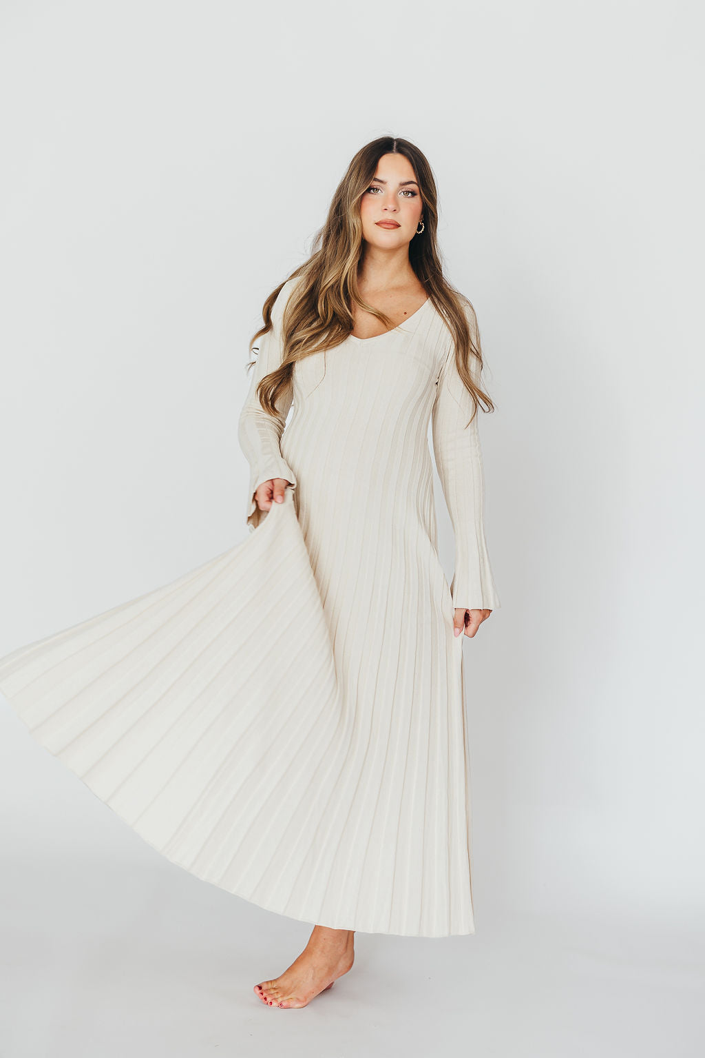 Hadley Long Sleeve V Neck Knit Maxi Dress in Cream Taupe - Elegant Women's Casual Maxi Dress for Fall & Winter, Perfect for Office, Date Night and Holiday Parties