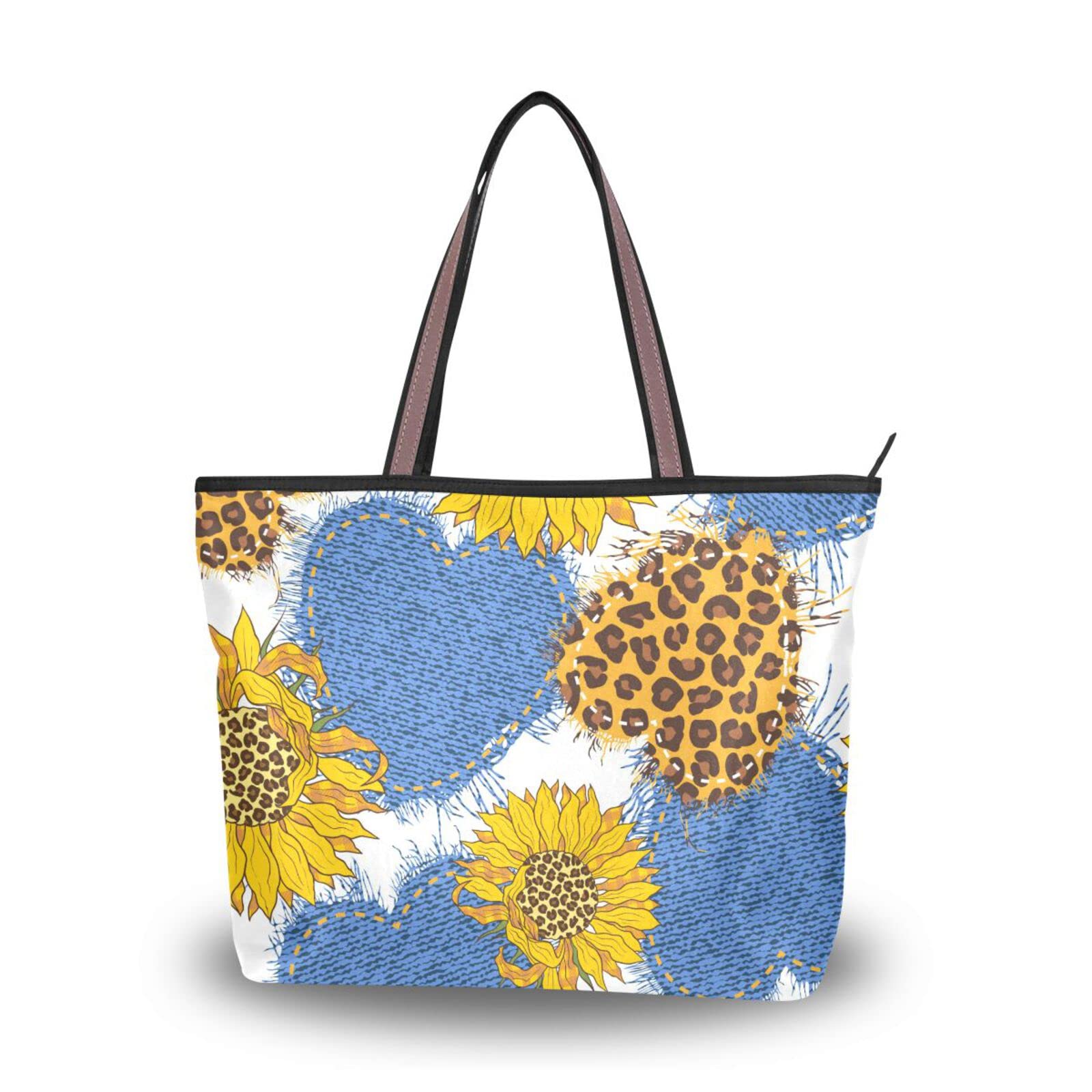 Hearts Sunflowers Tote Bag with Zipper - Large Capacity Women's Grocery Bag Purse for Daily Use, 2 Sizes - Perfect for Shopping, Beach & Work Commute