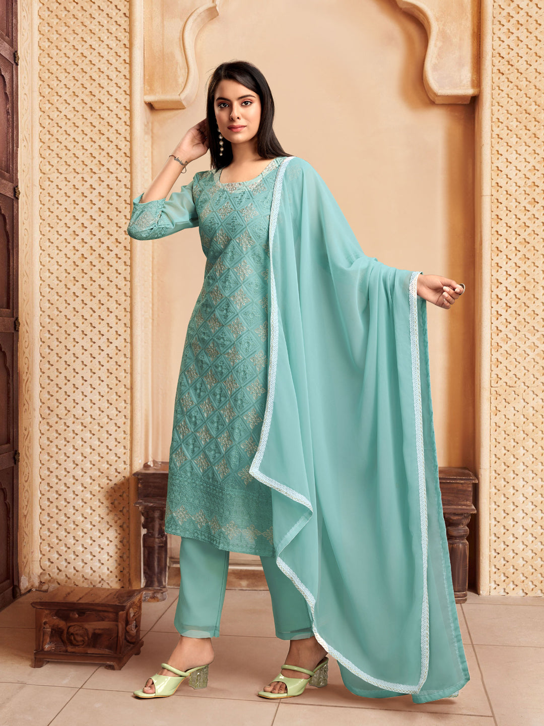 Elegant Blue Designer Pant Suit with Chikankari Embroidery - Perfect for Weddings, Parties & Formal Events
