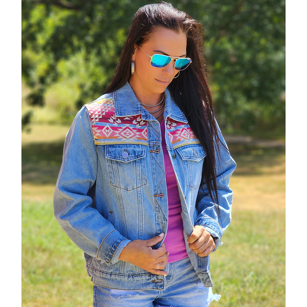 Andree Unit Women's Denim Aztec Jacket - Stylish Distressed Denim Jacket with Aztec Print for Casual Outfits & Boho Fashion | Perfect for Fall Layering, Music Festivals, and Everyday Streetwear