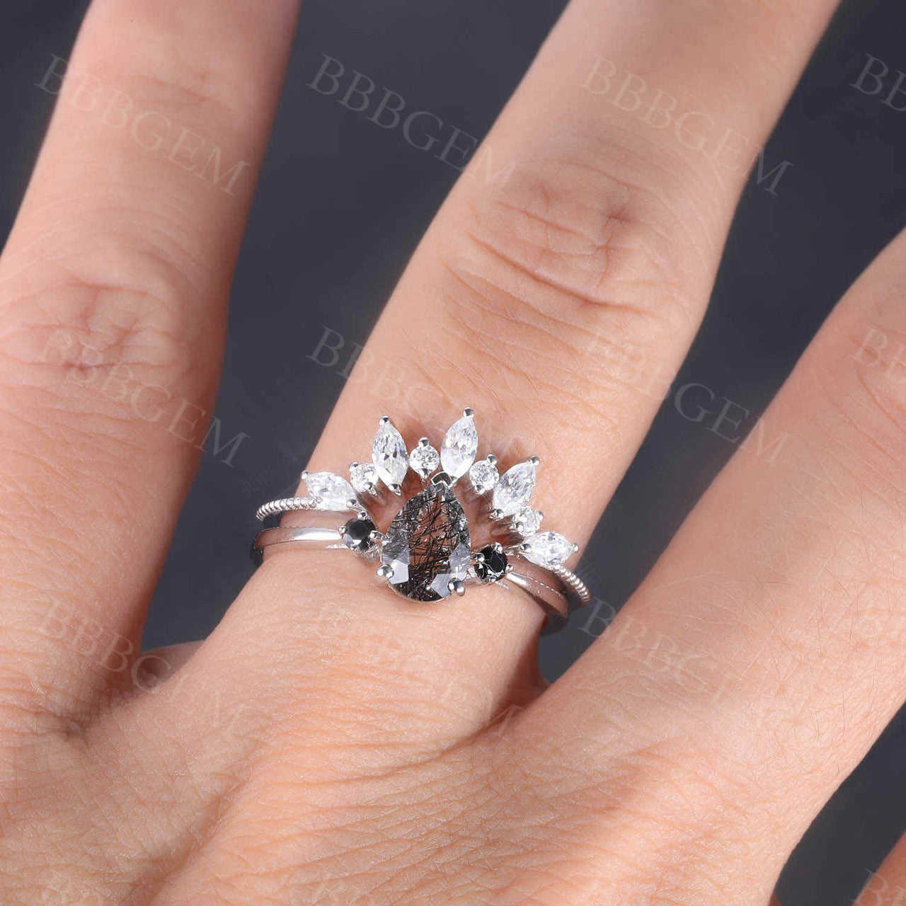 Pear Black Rutilated Quartz Bridal Ring Set in White Gold with Diamond Cluster - Elegant Engagement & Wedding Jewelry for Brides, Anniversary Gifts, and Special Occasions