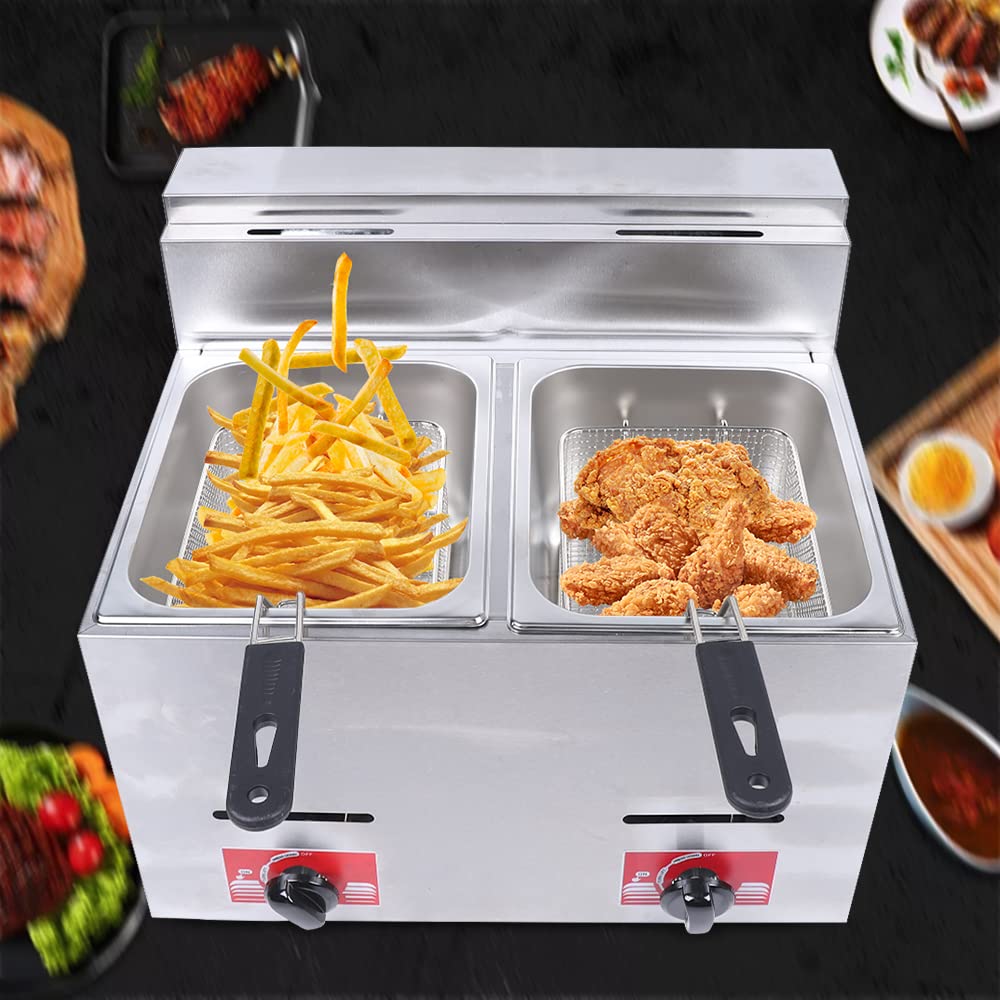 12L Dual Tank Commercial LPG Gas Deep Fryer - 2 Stainless Steel Fry Baskets, High Capacity Countertop Kitchen Equipment for Restaurants, Fast Food Stands & Supermarkets | Perfect for French Fries, Chicken Wings & Seafood Frying