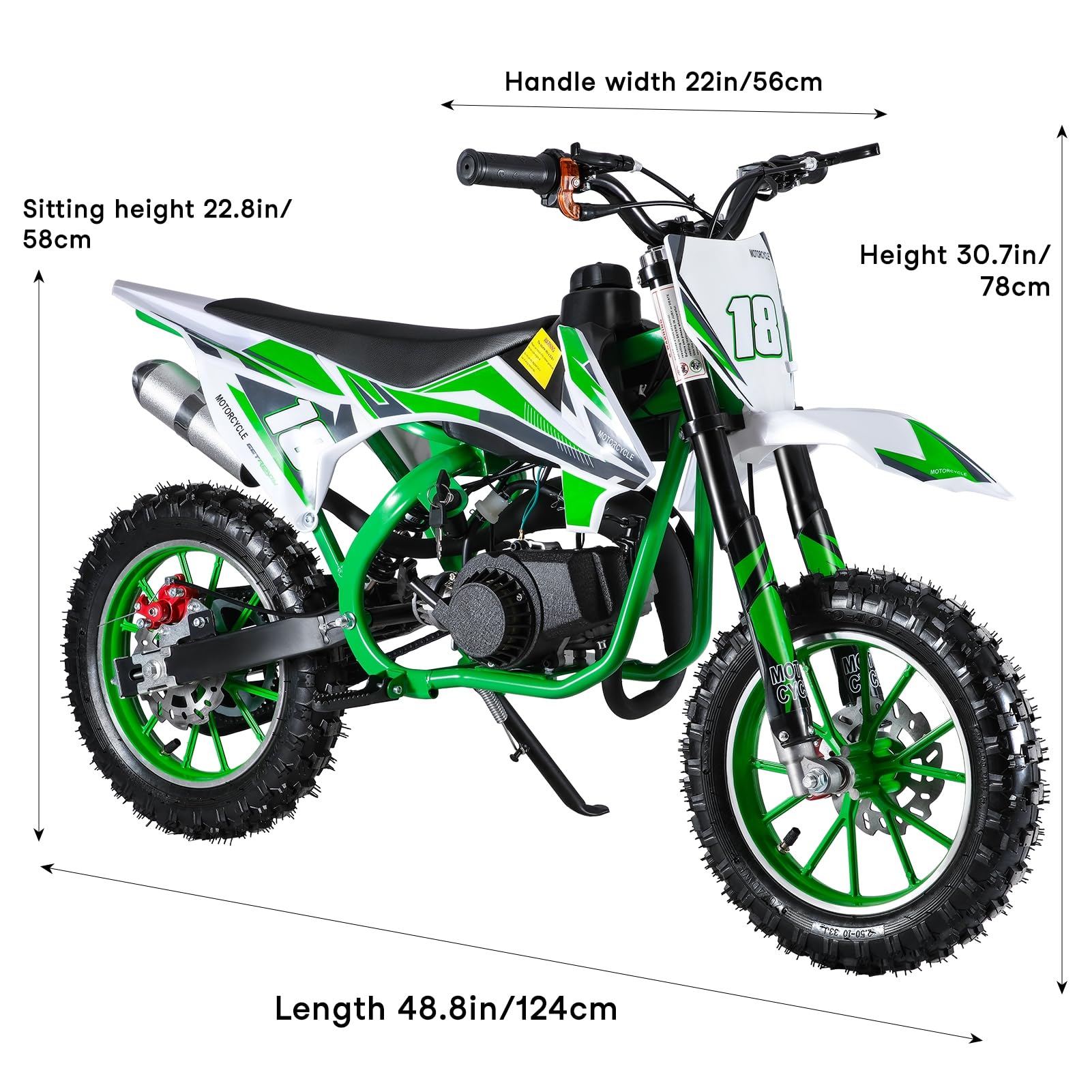 50cc 2-Stroke Kids Dirt Bike - Gas Powered Mini Motorcycle for Off-Road & Motocross - Front & Rear Disc Brakes - Green - Perfect for Backyard Riding, Trail Adventures & Youth Racing Practice