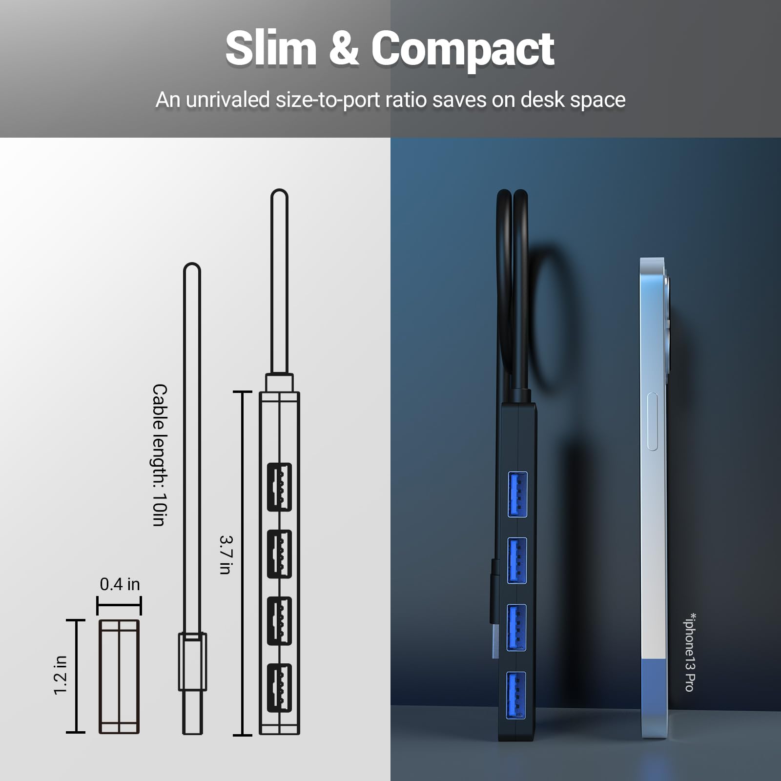 HOPDAY 4-Port USB 3.0 Hub Ultra Slim Data Hub with Fast Transfer Speeds - USB Splitter Adapter for MacBook, iMac Pro, Surface, Dell, HP Laptops - Perfect for Home Office, Gaming & Multi-Device Charging