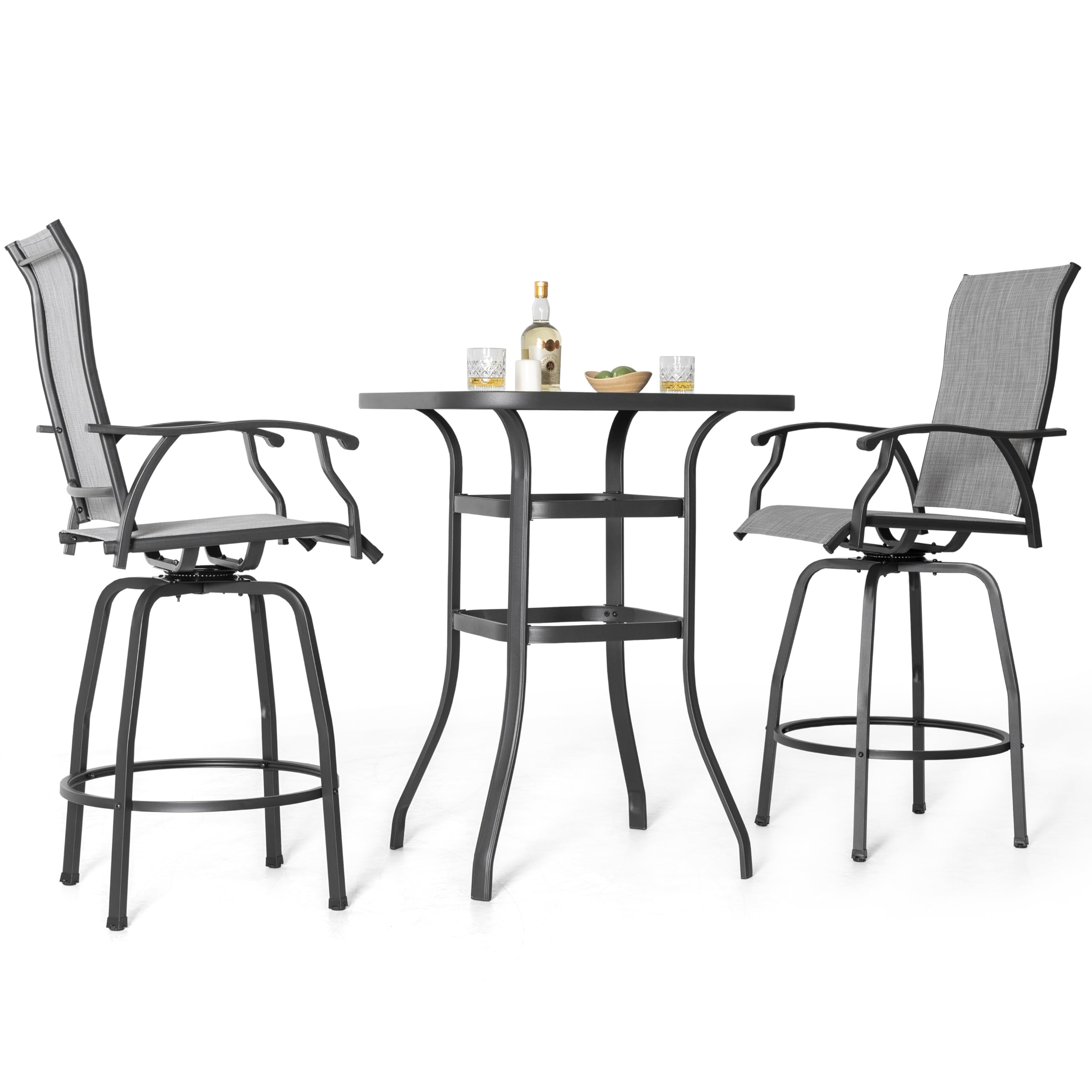NUU GARDEN 3-Piece Outdoor Patio Bar Set with Tempered Glass Table & Swivel Bar Stools - Gray and Black Patio Furniture for Garden, Backyard, Deck or Poolside Relaxation