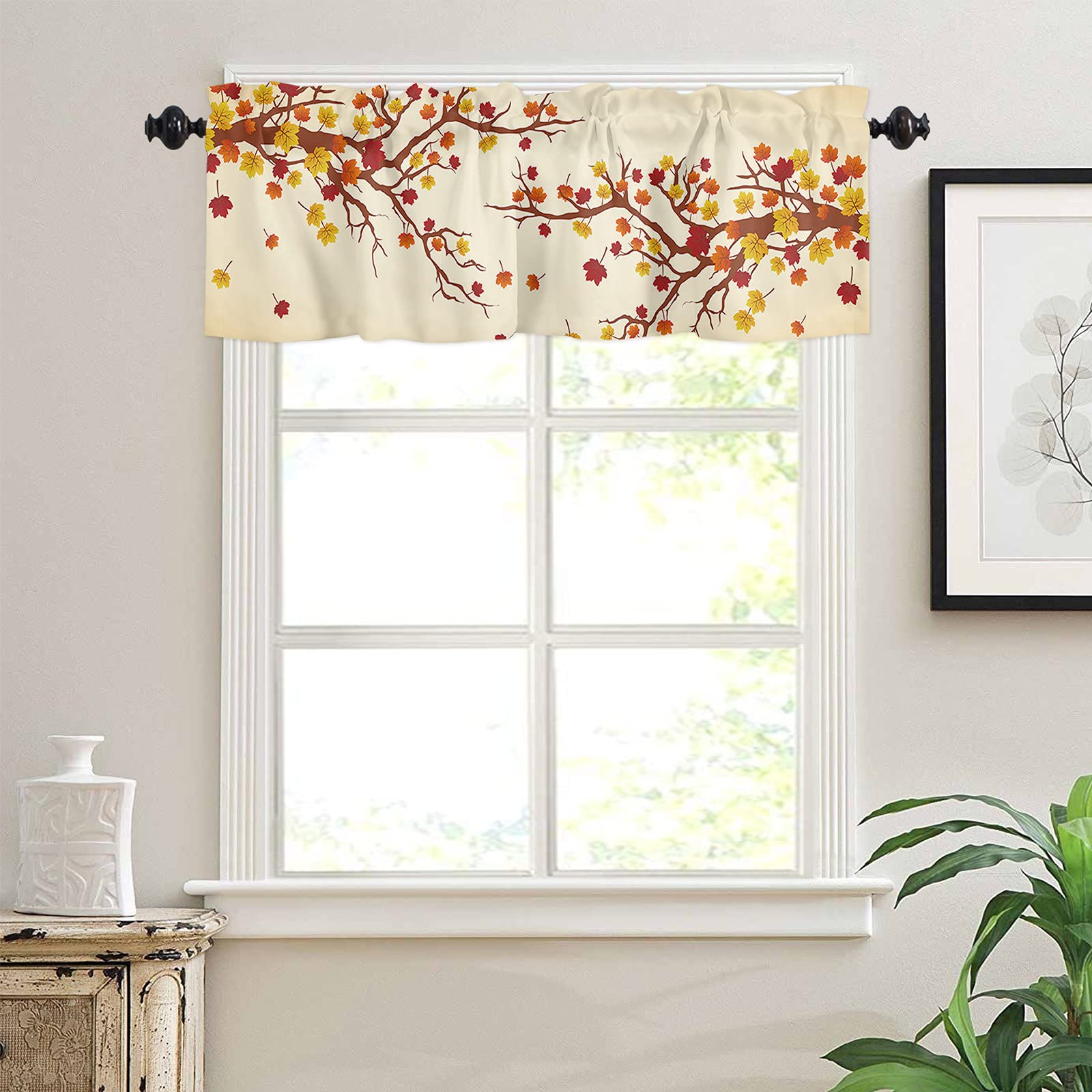 Autumn Branch Pattern Window Valance - 54x18 Inch Short Cafe Curtain Topper for Kitchen, Living Room & Bedroom - Perfect for Fall Decor & Cozy Home Styling