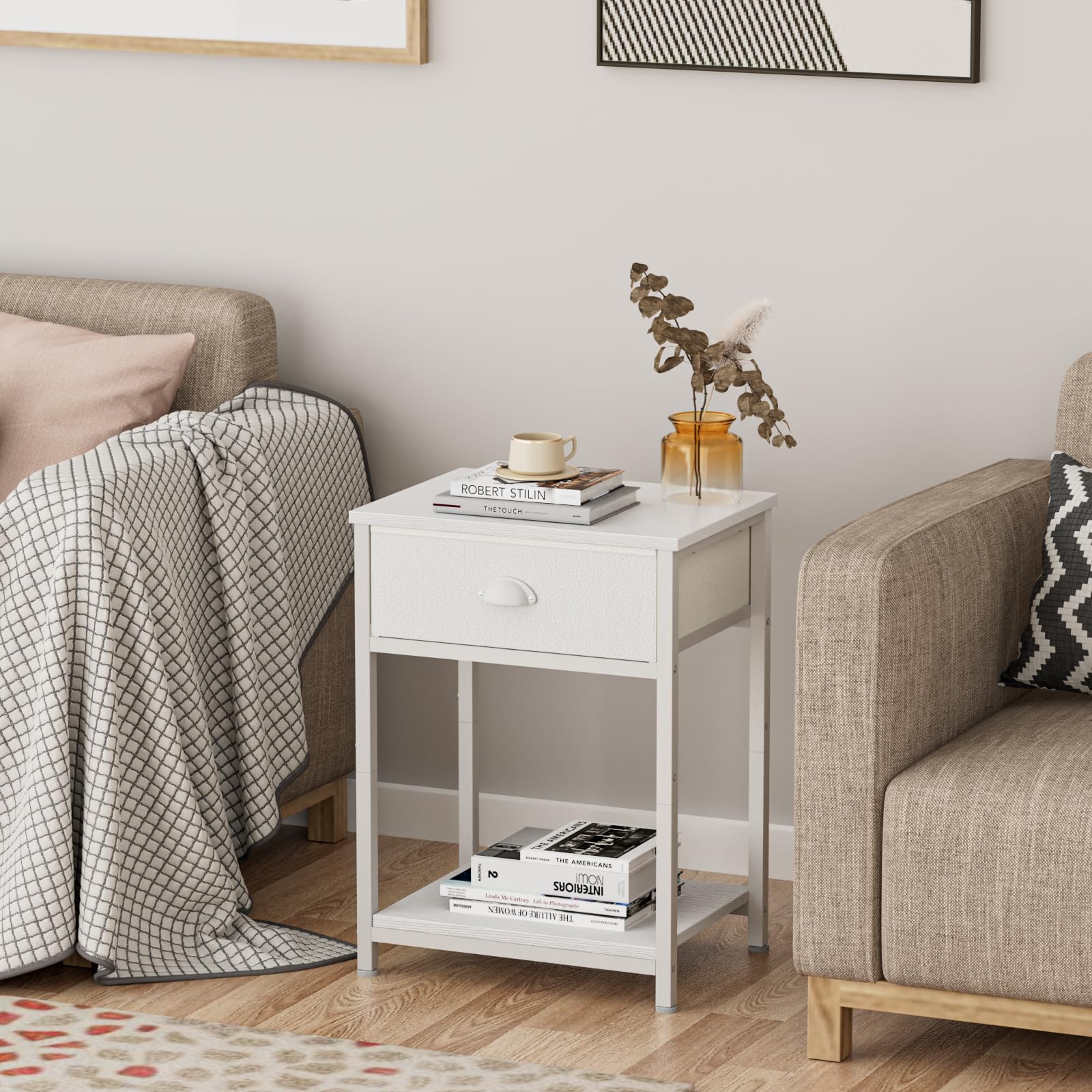 White Nightstand with Fabric Drawer - 2-Tier Small Side Table with Storage Shelves for Bedroom, Living Room, Dorm | Space-Saving End Table for Small Spaces & Apartment Decor