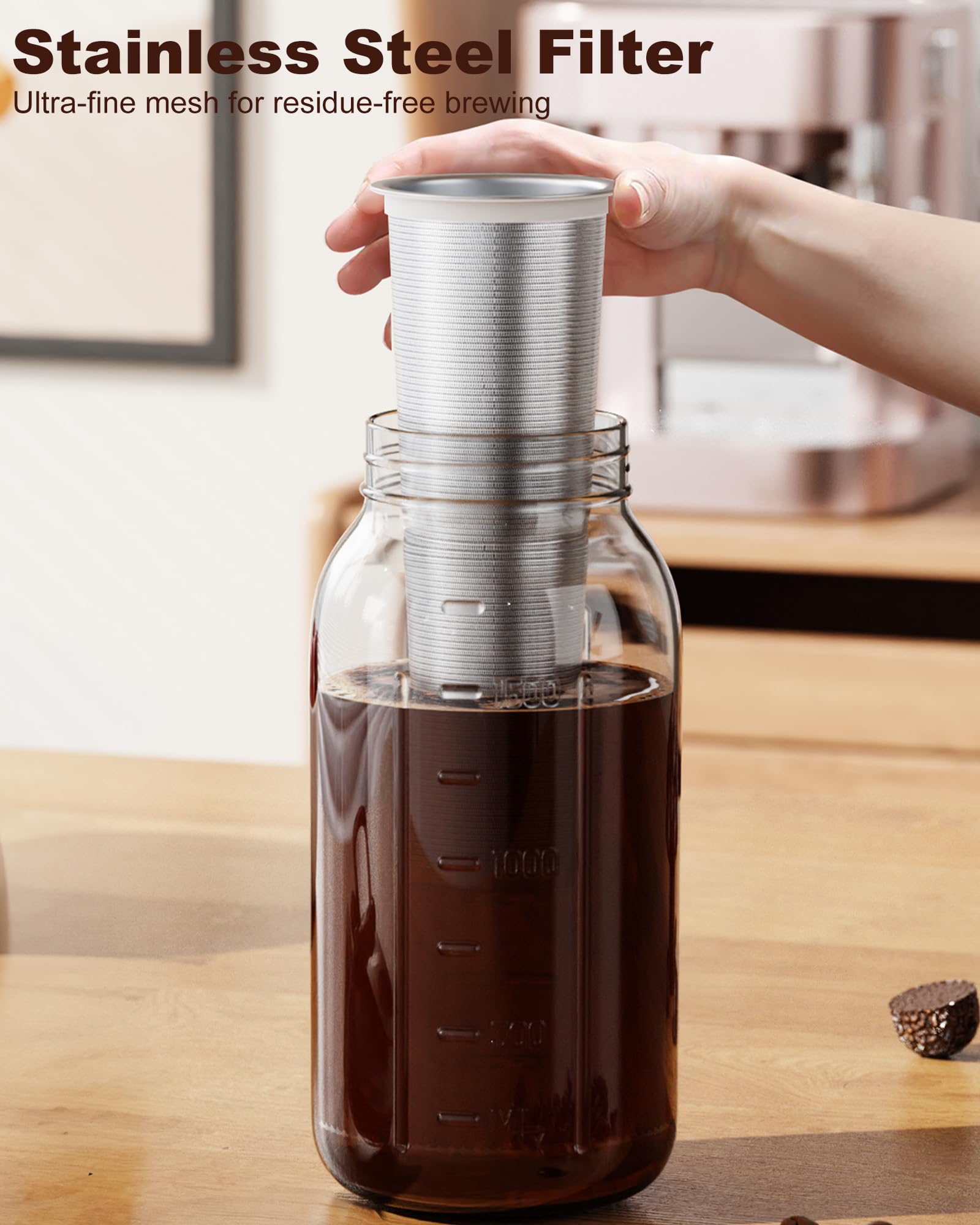 Premium 64oz Cold Brew Coffee Maker with 304 Stainless Steel Filter - Iced Coffee Pitcher with Lid & Spout - Large Mason Jar Design (Grey) - Perfect for Home, Office & Outdoor Use