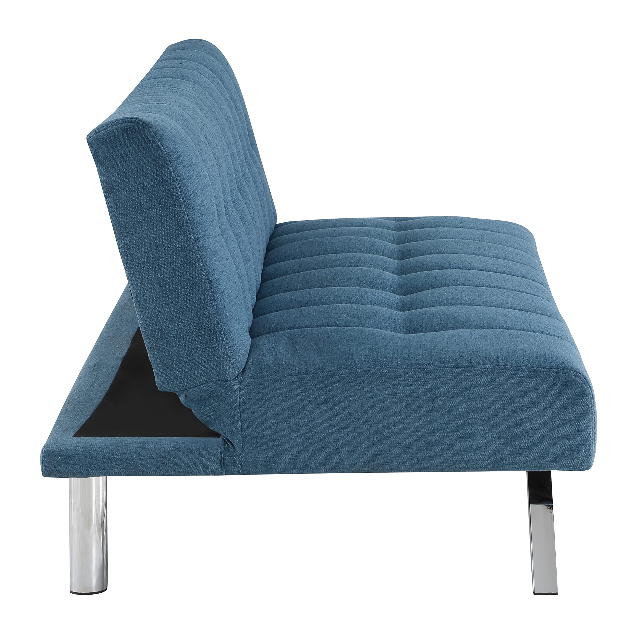 OSP Home Furnishings Sawyer Convertible Futon Sofa with Easy Lift Mechanism & Stainless Steel Legs - Blue Fabric Upholstery | Perfect for Small Spaces, Guest Rooms & Home Offices