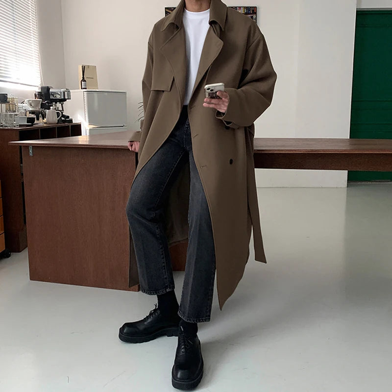 Men's Autumn Winter Mid-Length Overcoat - Korean Fashion Loose Knee-Length Trench Coat with Cotton Windbreaker (Style 9C1874) | Perfect for Office Wear, Casual Outings & Cold Weather Protection