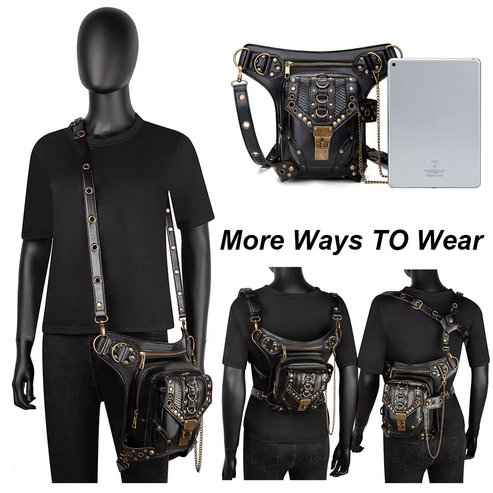 Steampunk Gothic Crossbody Shoulder Bag with Chain - Vintage Messenger Waist Pack, Drop Leg Hip Holster Belt Purse for Cosplay, LARP, Renaissance Fairs & Everyday Use