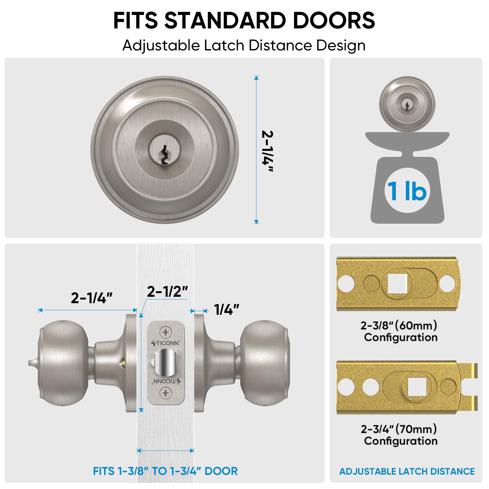 TICONN Round Door Knob with Deadbolt - Satin Nickel (1-Pack) for Bedroom & Bathroom Security