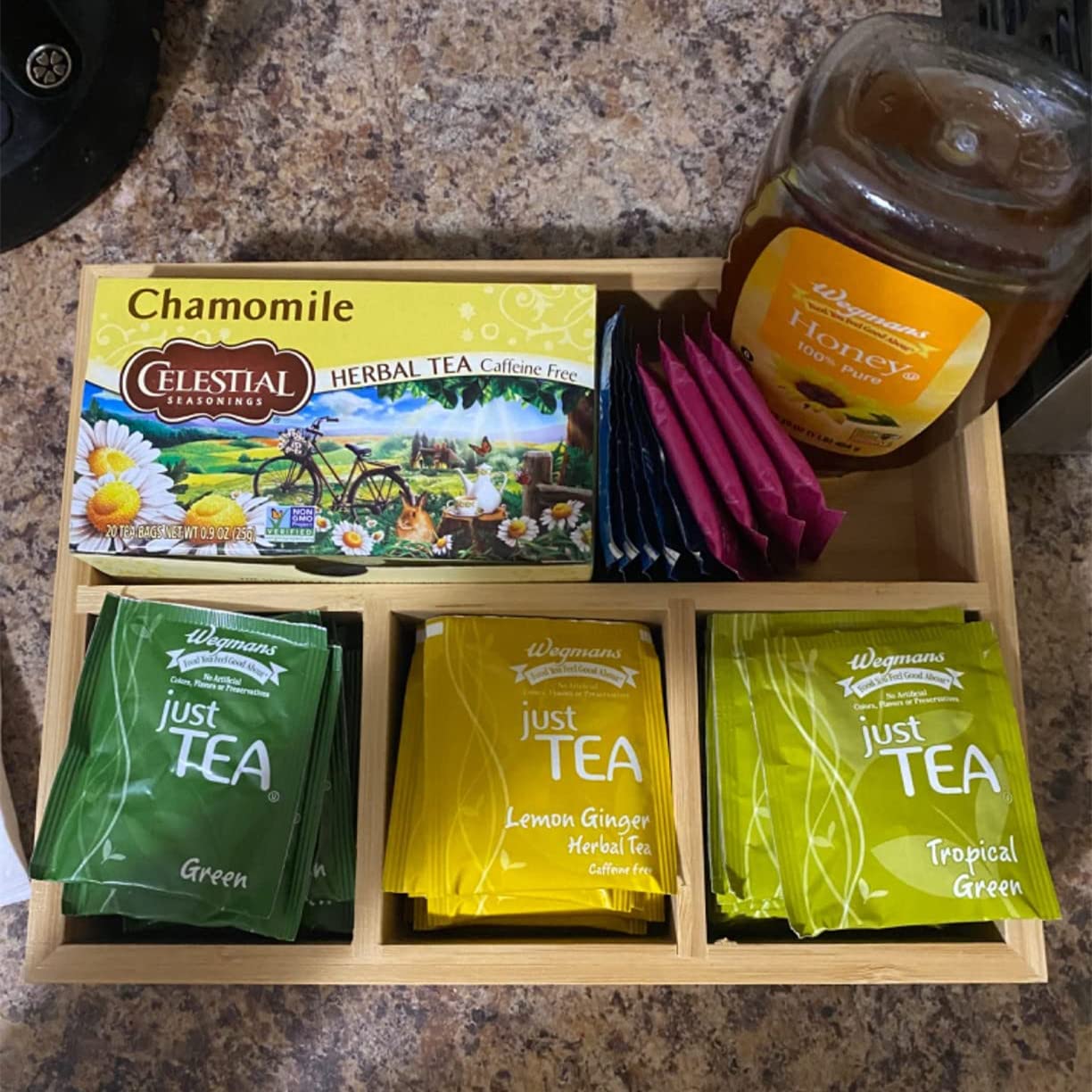 Stainless Steel Tea Bag Holder & Coffee Condiment Organizer - Compact Storage for Tea Bags, Sugar Packets & Coffee Pods - Perfect for Kitchen Countertop, Office Breakroom & Coffee Station Organization