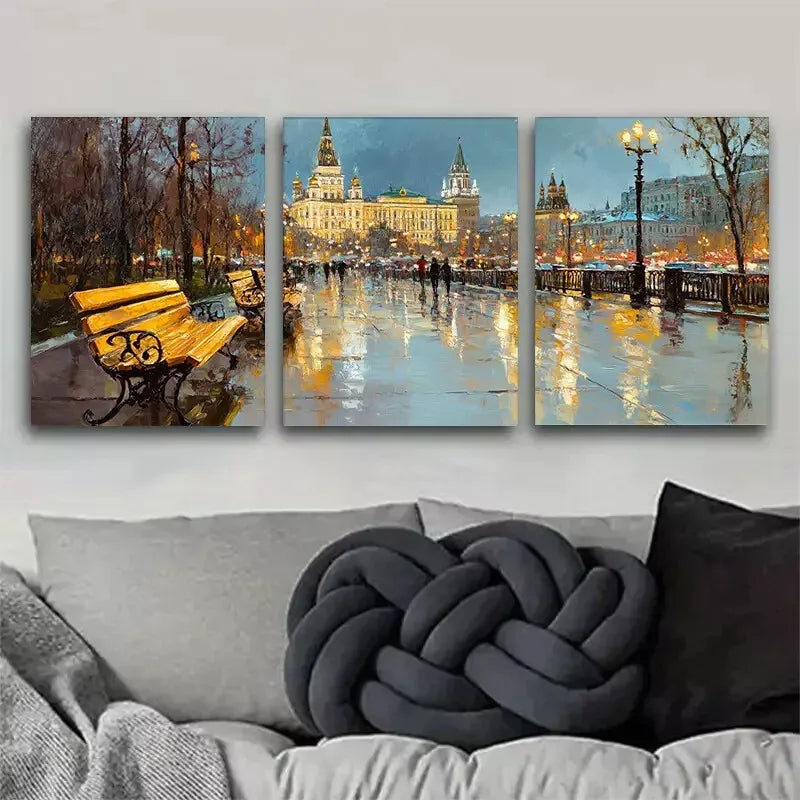 3-Piece Moscow Evening Streetscape Wrapped Wall Art Set - Framed Canvas 40x60cm (16x24in) - High Quality Print - 100% Australian Made - Ready to Hang - Perfect for Living Room, Bedroom & Office Decor