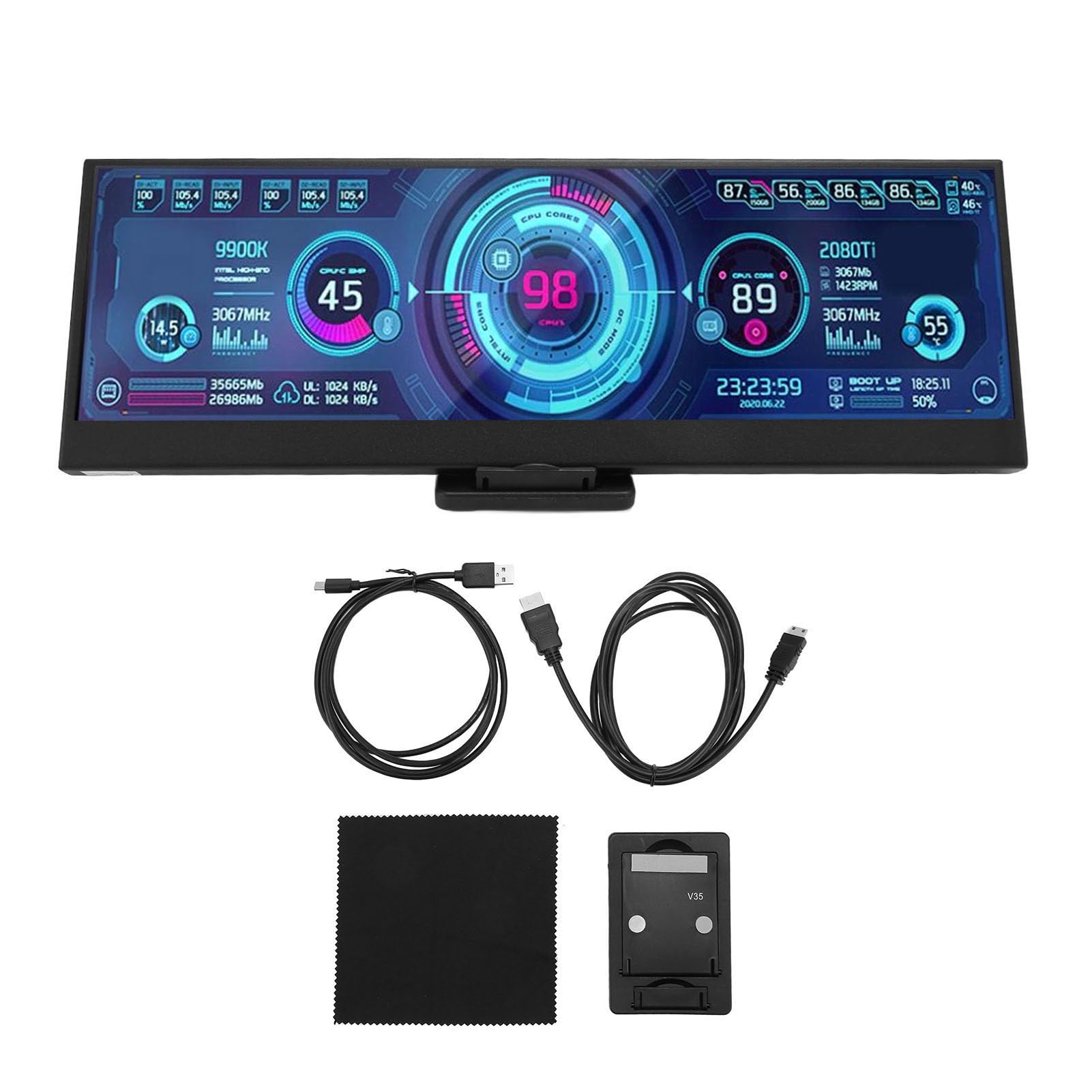14 Inch LCD Secondary Display - Real-Time CPU GPU Temperature Monitor with Stretched Bar Design | Professional Computer Accessories for Gaming, Streaming & Workstation Setups
