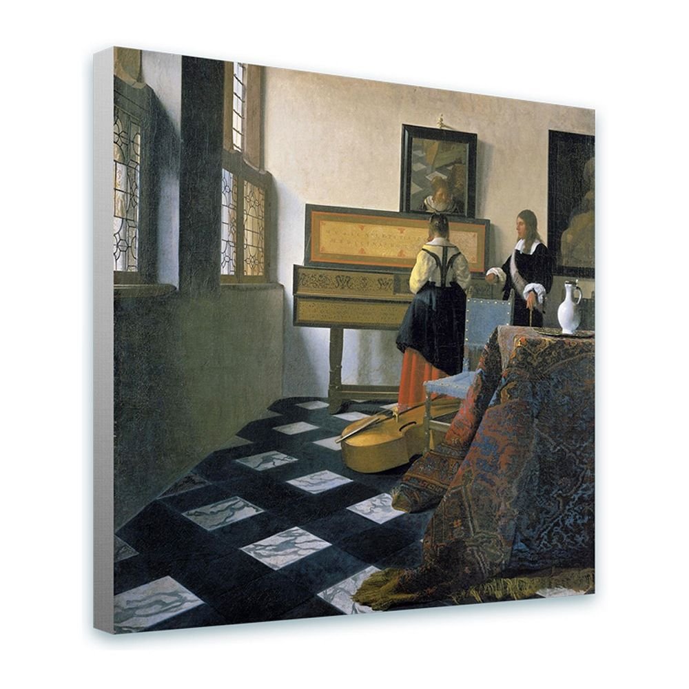 Johannes Vermeer 'The Music Lesson' Framed Canvas Wall Art - 32x32 Inch (81x81cm) Ready to Hang Gallery Wrapped Synthetic Painting - HD Reproduction for Living Room, Bedroom & Kitchen Decor