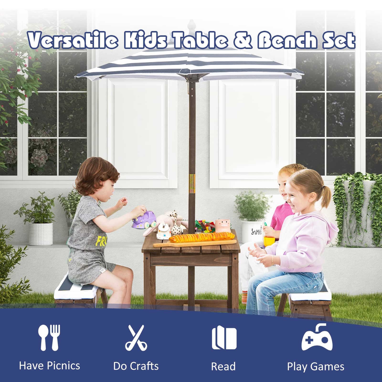 DORTALA Kids Picnic Table with Umbrella & Cushions - Wooden Outdoor Toddler Table and Bench Set for Ages 3-8, Blue - Perfect for Backyard Playdates, Birthday Parties & Outdoor Activities