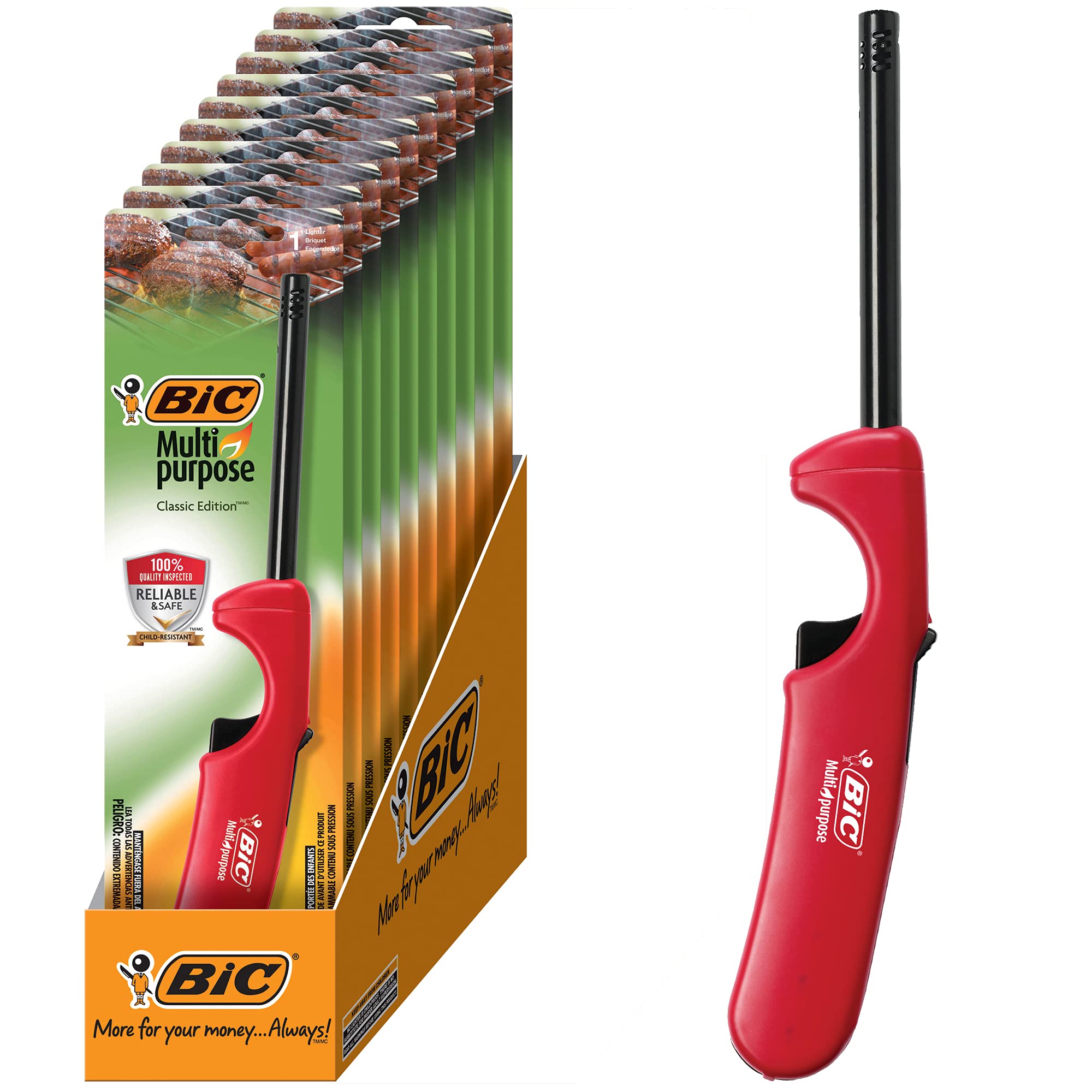 BIC Multi-Purpose Long Reach Lighter with Extended Metal Wand - Classic Collection - 10-Pack for Candles, Grills, Fireplaces & Outdoor Use - Reliable Flame for Home, Camping & BBQ