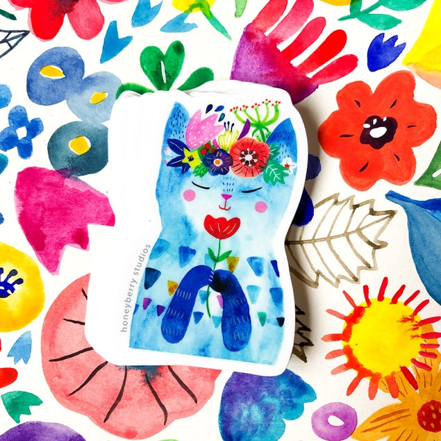 Blue Flower Kitty Vinyl Sticker - Waterproof Decal for Laptops, Water Bottles & DIY Crafts - Cute Kawaii Cat Decoration for Scrapbooking & Journaling