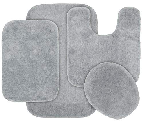 Garland Rug Traditional Nylon Washable Platinum Gray 4 Piece Bathroom Rug Set - Soft, Absorbent & Stylish Bath Mat with Lid & Contour - Perfect for Bathroom, Shower & Vanity Areas