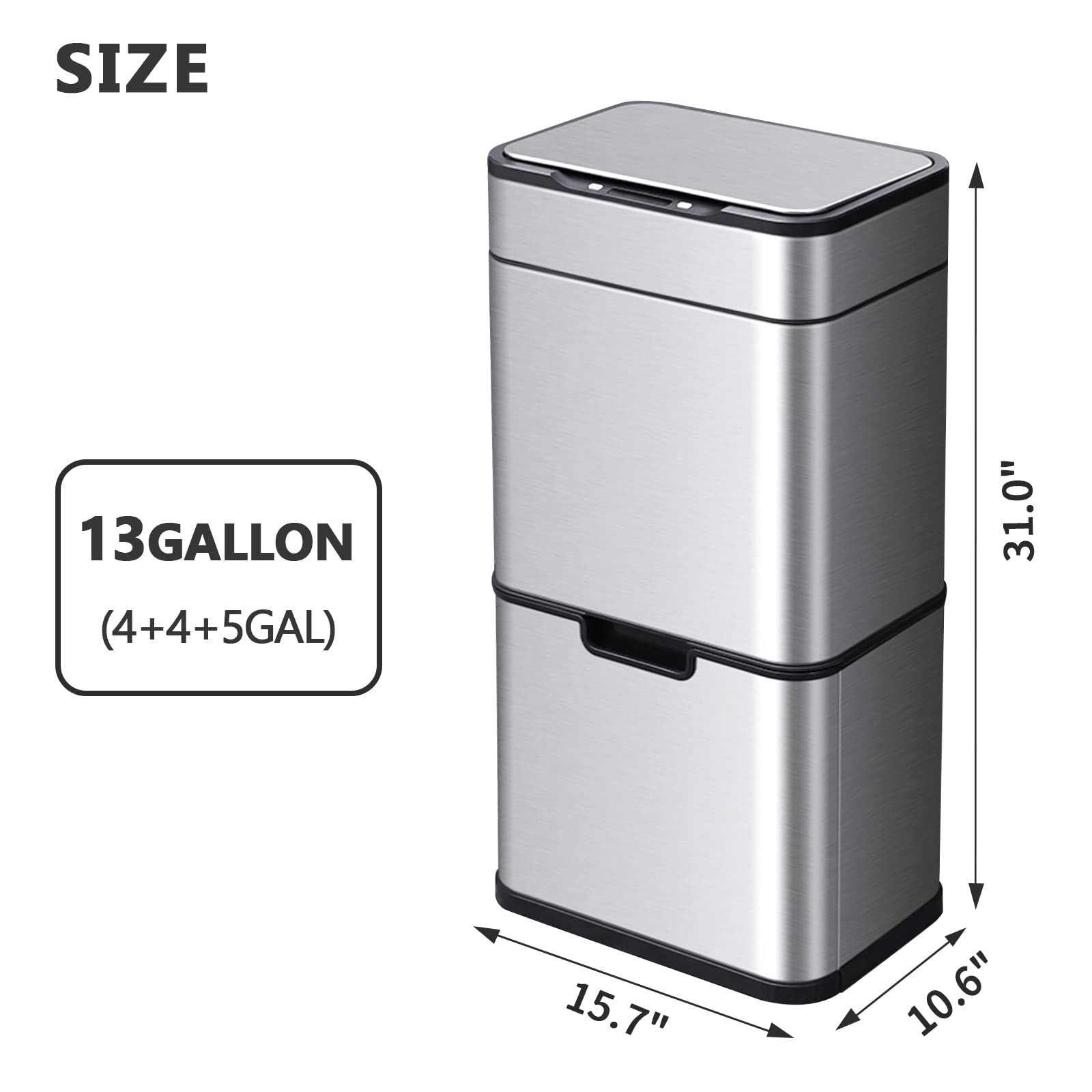 ELPHECO 13 Gallon Stainless Steel Automatic Motion Sensor Trash Can with 3 Compartment Bins - Touchless Kitchen Garbage Bin for Home, Office & Restaurant Use