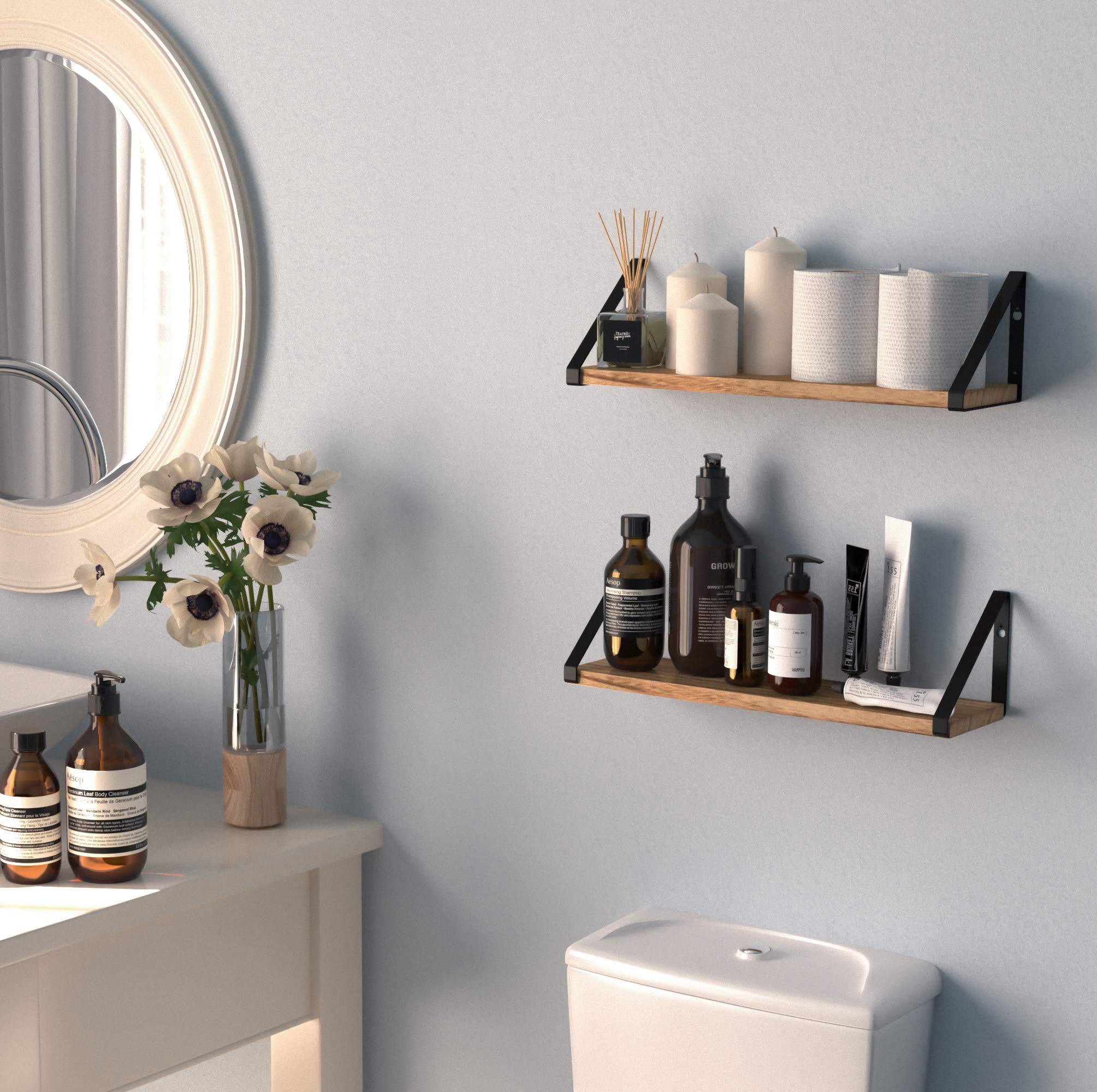 Wallniture Floating Shelves Set of 2 - Rustic Wood Wall Mount Shelves with Black Brackets for Bathroom, Bedroom, Kitchen & Laundry Room Storage | Perfect for Home Decor & Organization | Ideal for Displaying Plants, Books & Decorative Items