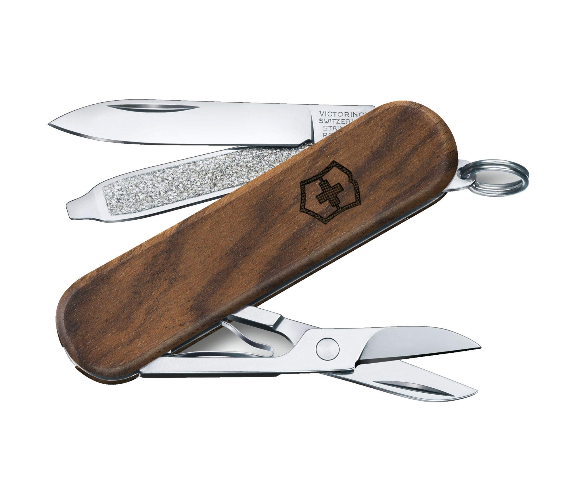 Victorinox Classic SD Walnut Swiss Army Knife - Compact 5-Function Pocket Knife with Small Blade, Screwdriver & Key Ring - Swiss Made Wood Handle - Perfect for Camping, Hiking & Everyday Carry (EDC)