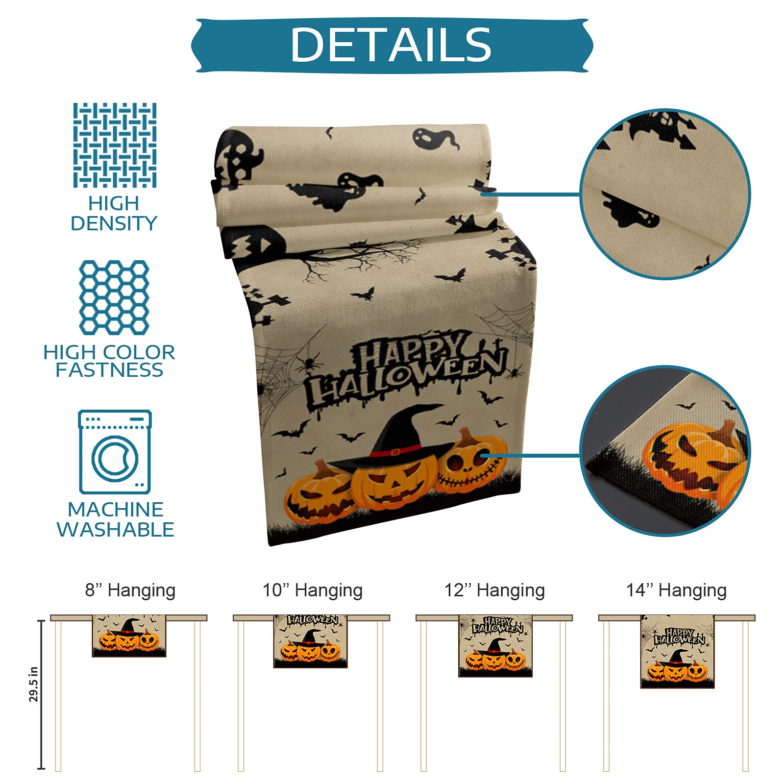 Halloween Burlap Table Runner 108 Inches - Scary Evil Pumpkins & Witches Hat Design for Spooky Decor, Kitchen, Dining & Coffee Tables - Perfect for Halloween Parties, Movie Nights & Holiday Home Decor