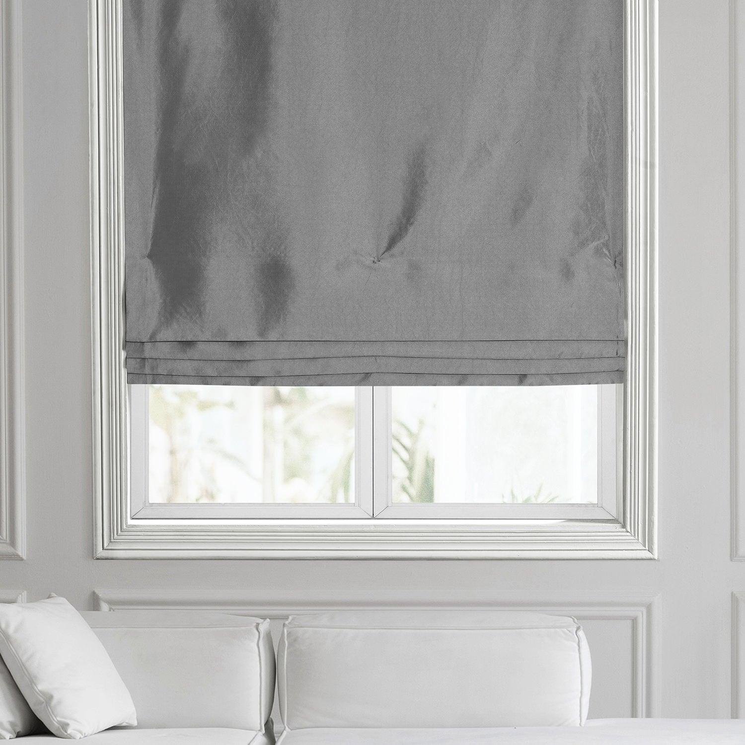 Premium Platinum Solid Faux Silk Taffeta Roman Shade - Elegant Window Treatment for Living Room & Bedroom