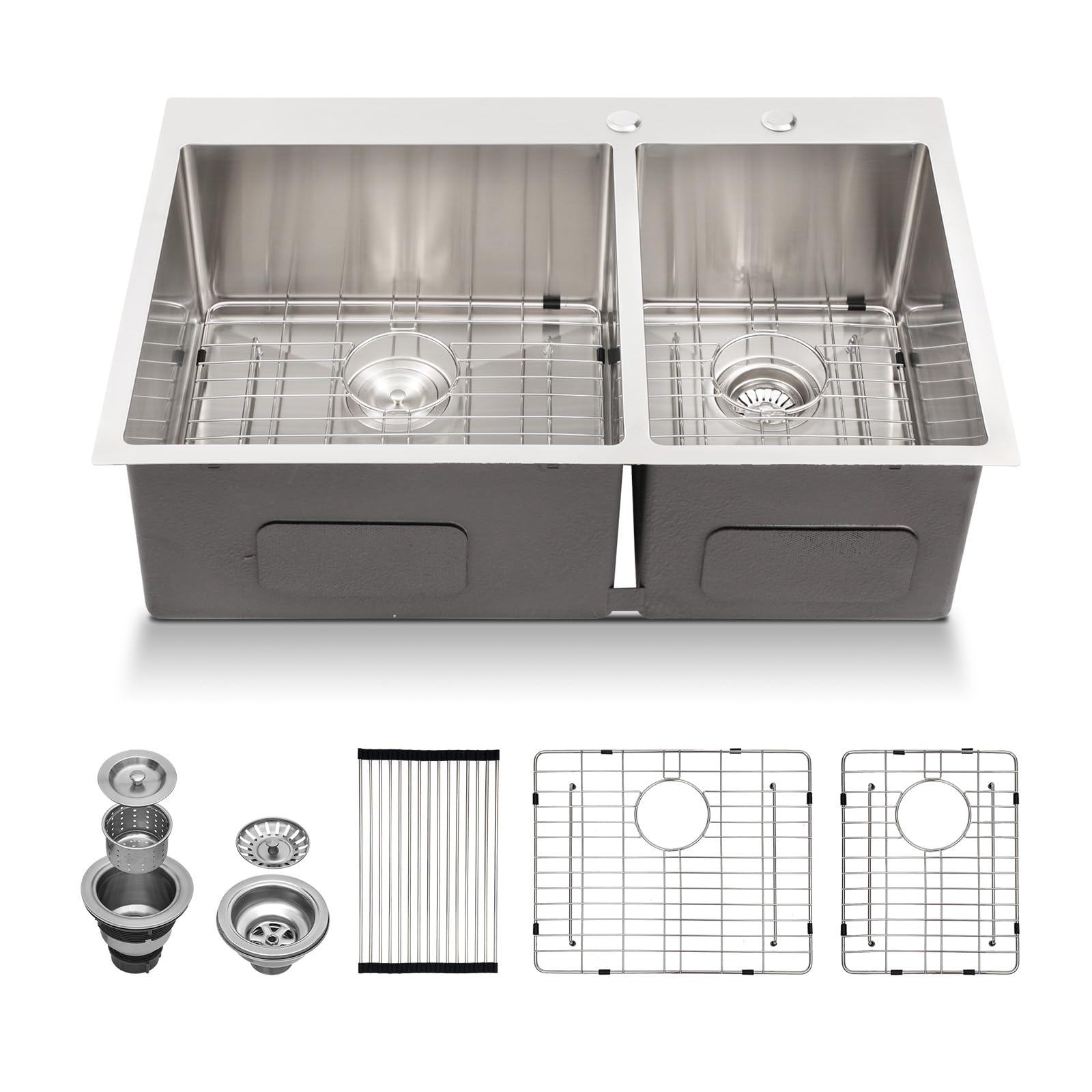 Lordear 33-inch Double Bowl Topmount Kitchen Sink - 60/40 Split 16 Gauge Stainless Steel Drop-In Sink, Handmade Over Counter Sink (33