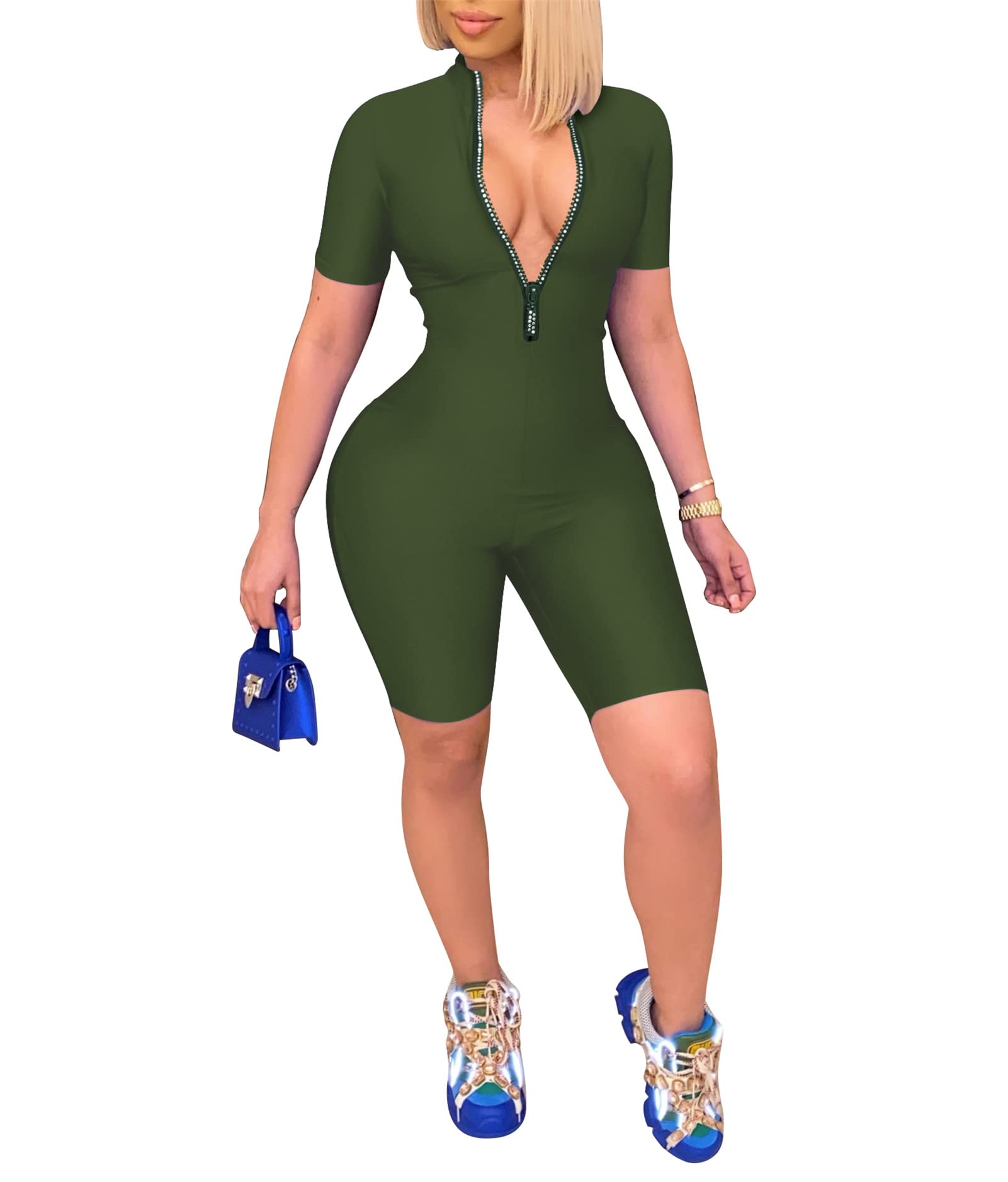 Sexy Women's Bodycon Jumpsuit - Long Sleeve V-Neck Zipper One Piece Outfit | Perfect for Club Nights, Date Nights & Evening Parties