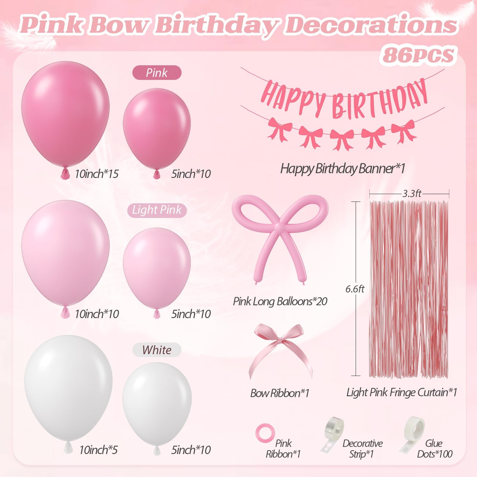 Elegant Pink Bow Birthday Decorations for Women - Light Pink Balloons, Fringe Curtains & Happy Birthday Banner | Perfect for Bow-Themed Coquette Parties, Bridal Showers & Adult Birthday Celebrations