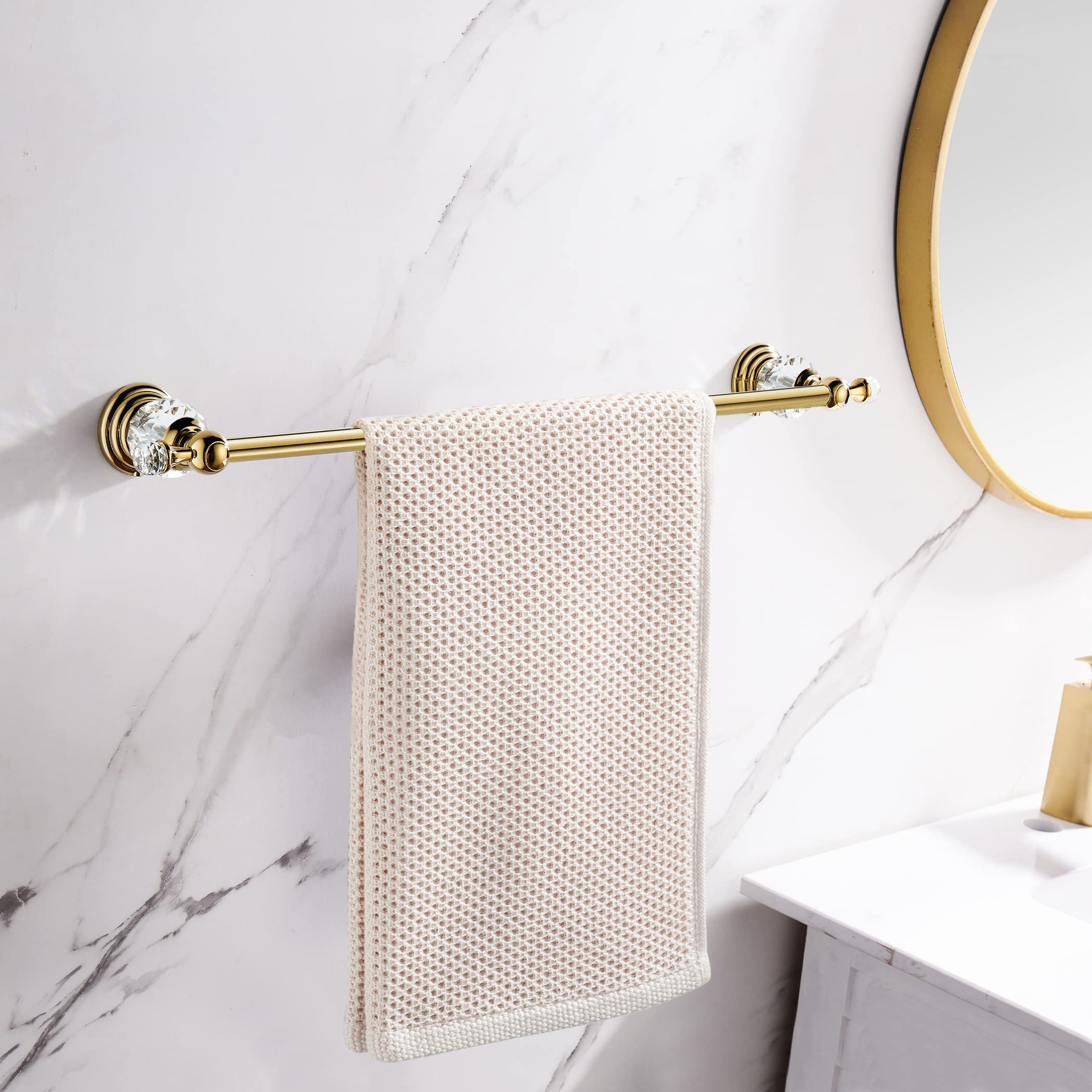 WINCASE Gold Towel Bar - Adjustable Crystal Bathroom Towel Holder with Golden Finish - Wall Mounted Single Towel Rack for Bathroom, Kitchen & Spa Decor