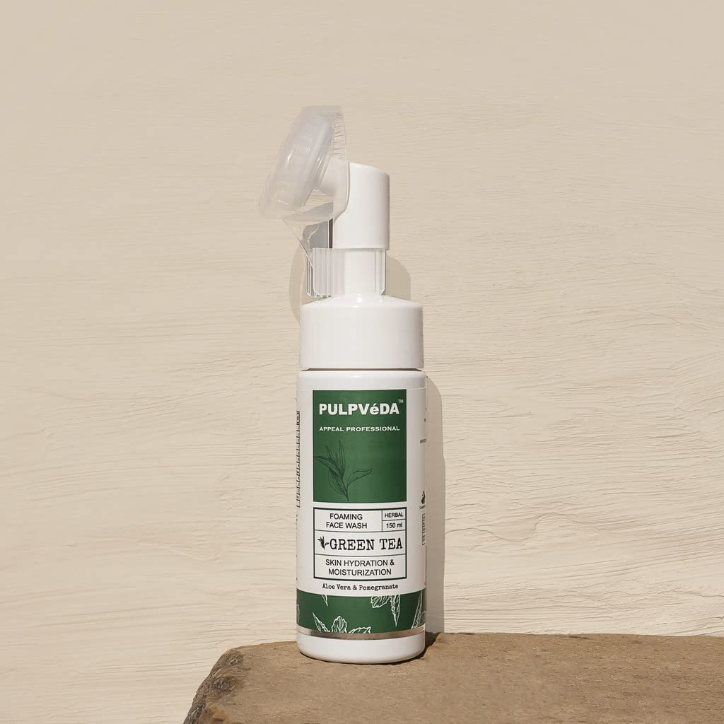 PULPVEDA Green Tea Foaming Face Wash with Aloe Vera & Pomegranate - Hydrating Cleanser for Dry Skin, Blemishes & Toxins | 150ml | Gentle Daily Facial Cleanser for Glowing Skin at Home or Travel
