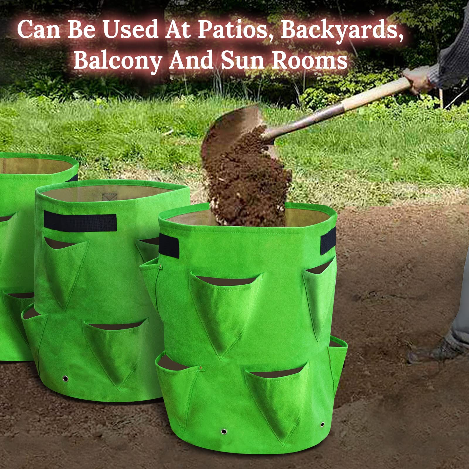 YardGrow 10 Gallon Strawberry Planter Bags - Large Breathable Non-Woven Fabric Grow Bags for Fruits, Flowers & Vegetables (3 Pack) with Handles - Perfect for Patio, Balcony & Indoor Gardening