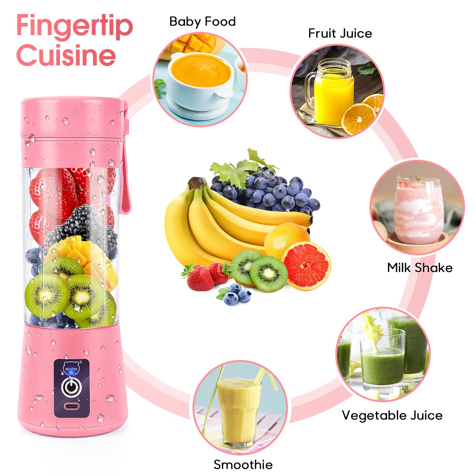 MIAOKE Portable Blender - 3D 6-Blade USB Rechargeable Mini Smoothie Maker & Personal Juicer Cup for Home, Office, Gym, Travel - Perfect for Shakes, Protein Drinks & Baby Food (Pink)