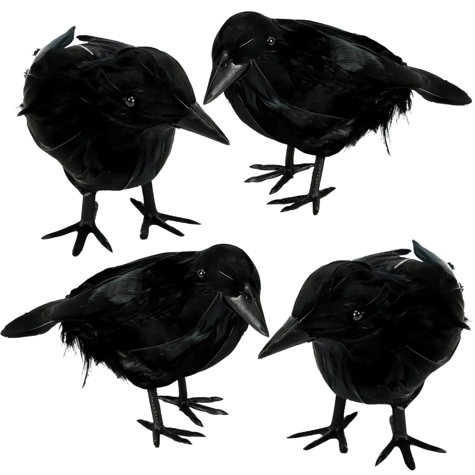 4 Pack Halloween Black Crows Decor - Realistic Fake Ravens for Spooky Halloween Party Decorations, Haunted House Props, and Outdoor Yard Scarecrow Displays