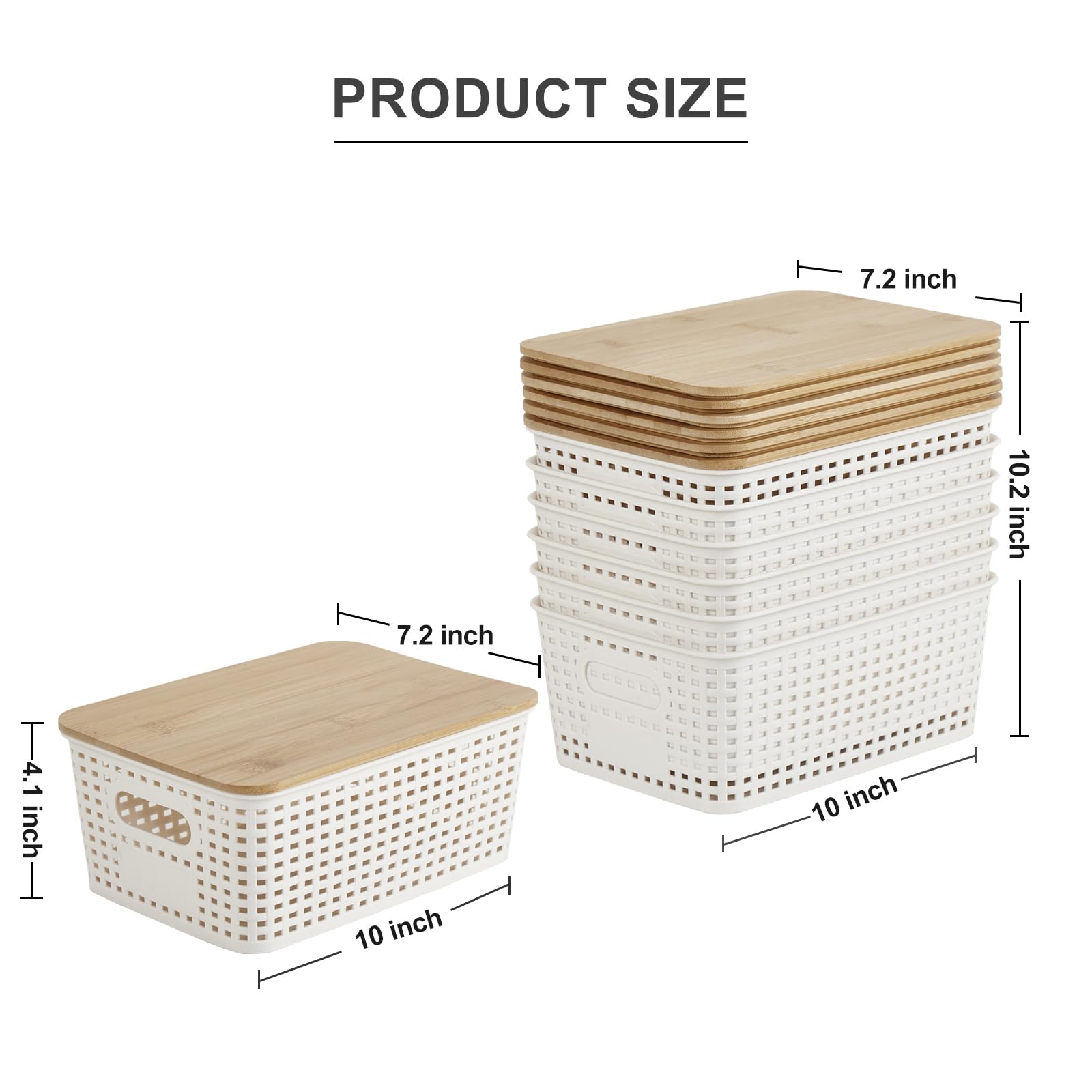 6-Pack Small Plastic Storage Bins with Bamboo Lids - 5.2qt Stackable Organizing Box Baskets for Pantry, Closet, Office & Desktop - Decorative Containers with Labels (Cream White, 10