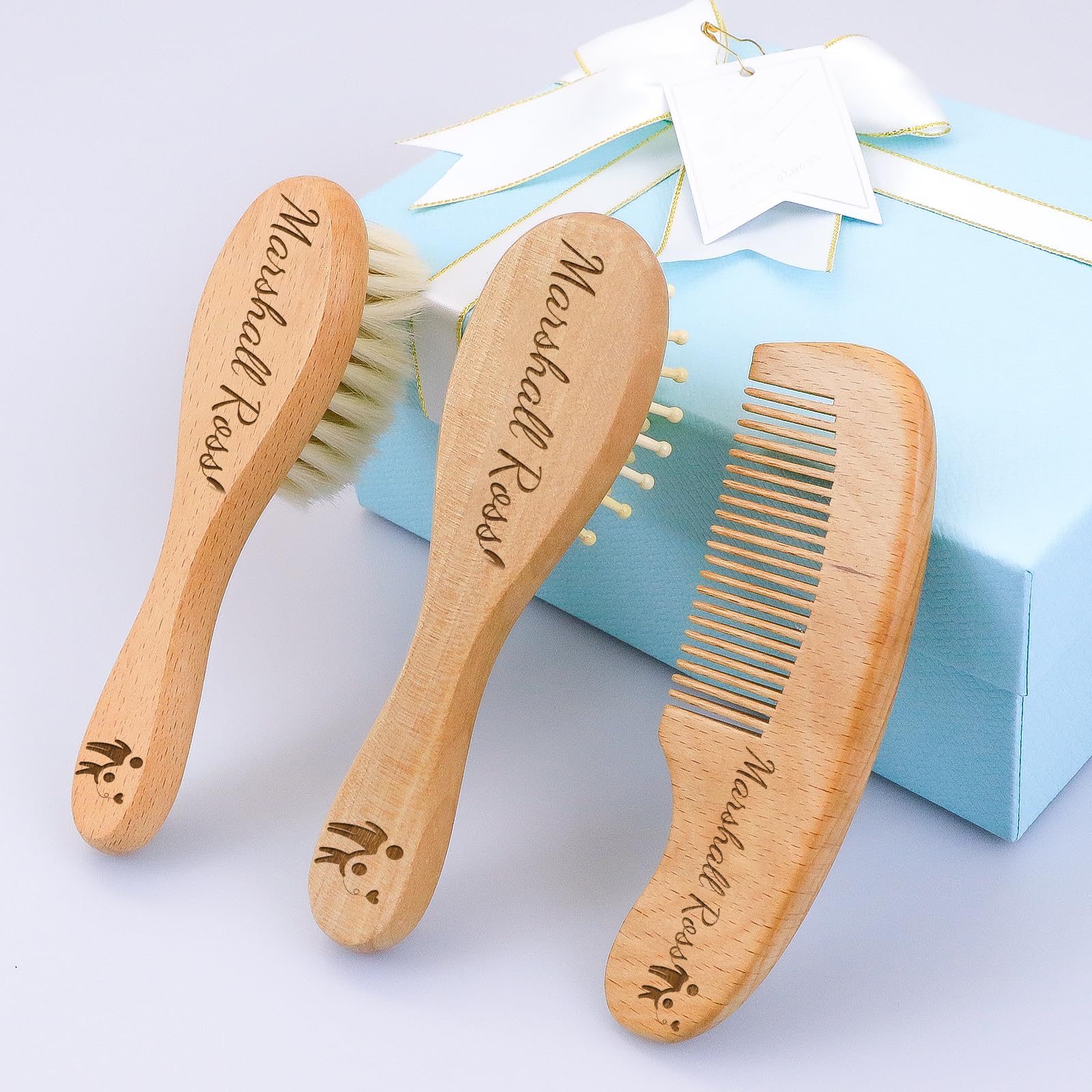 Personalized Wooden Hair Brush Set with Soft Goat Bristles for Babies & Toddlers - Gentle Cradle Cap Brush, Newborn Hair Care, Baby Shower & Registry Gift - Perfect for Daily Grooming & Sensitive Scalp