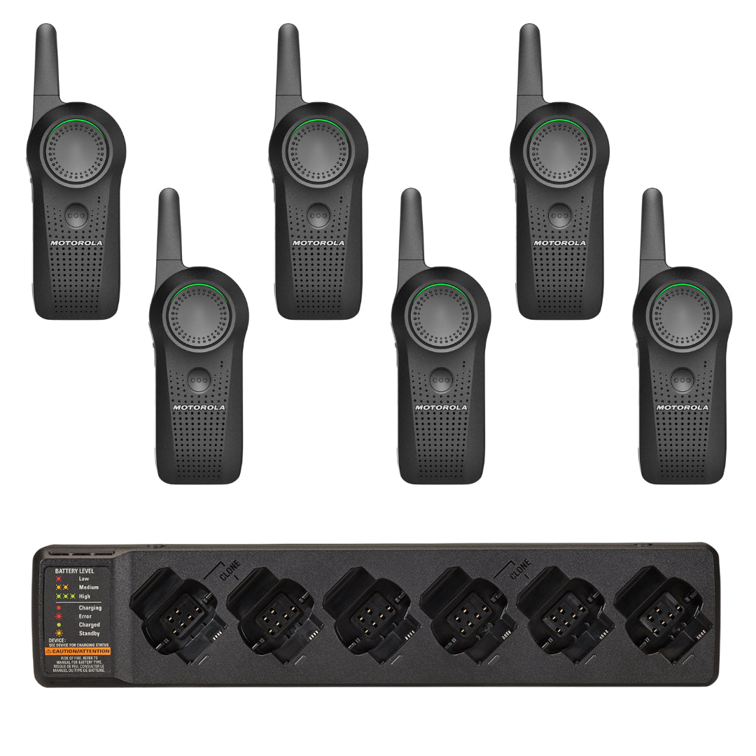 Motorola CURVE DLR110 6-Pack Two-Way Radio Bundle with Multi-Unit Charger - Ideal for Construction, Warehouses & Outdoor Adventures
