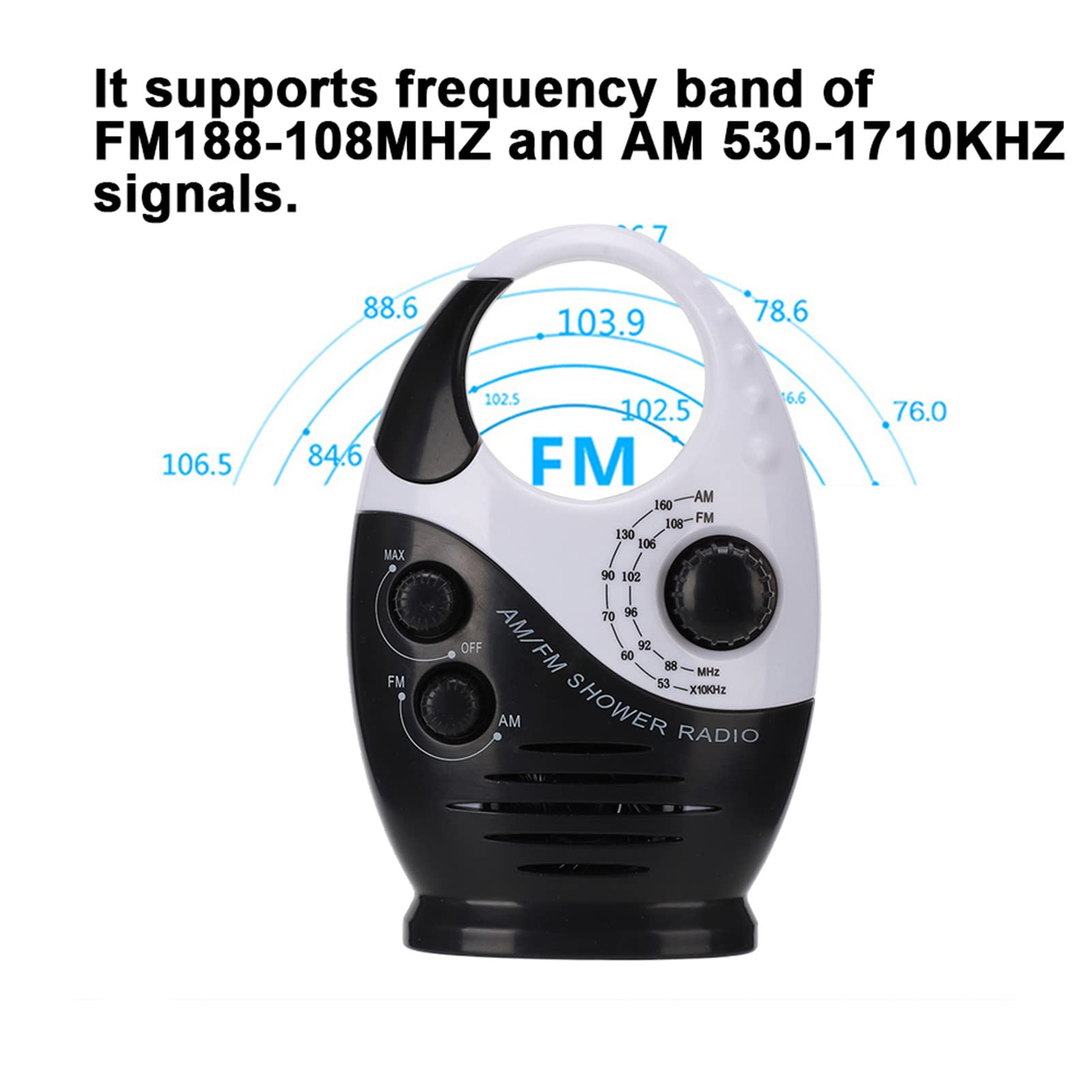 Waterproof Shower Radio - Portable AM/FM Radio with Adjustable Volume, Battery Powered Speaker with Hook Handle - Perfect for Bathroom, Bedroom, Garage & Outdoor Use