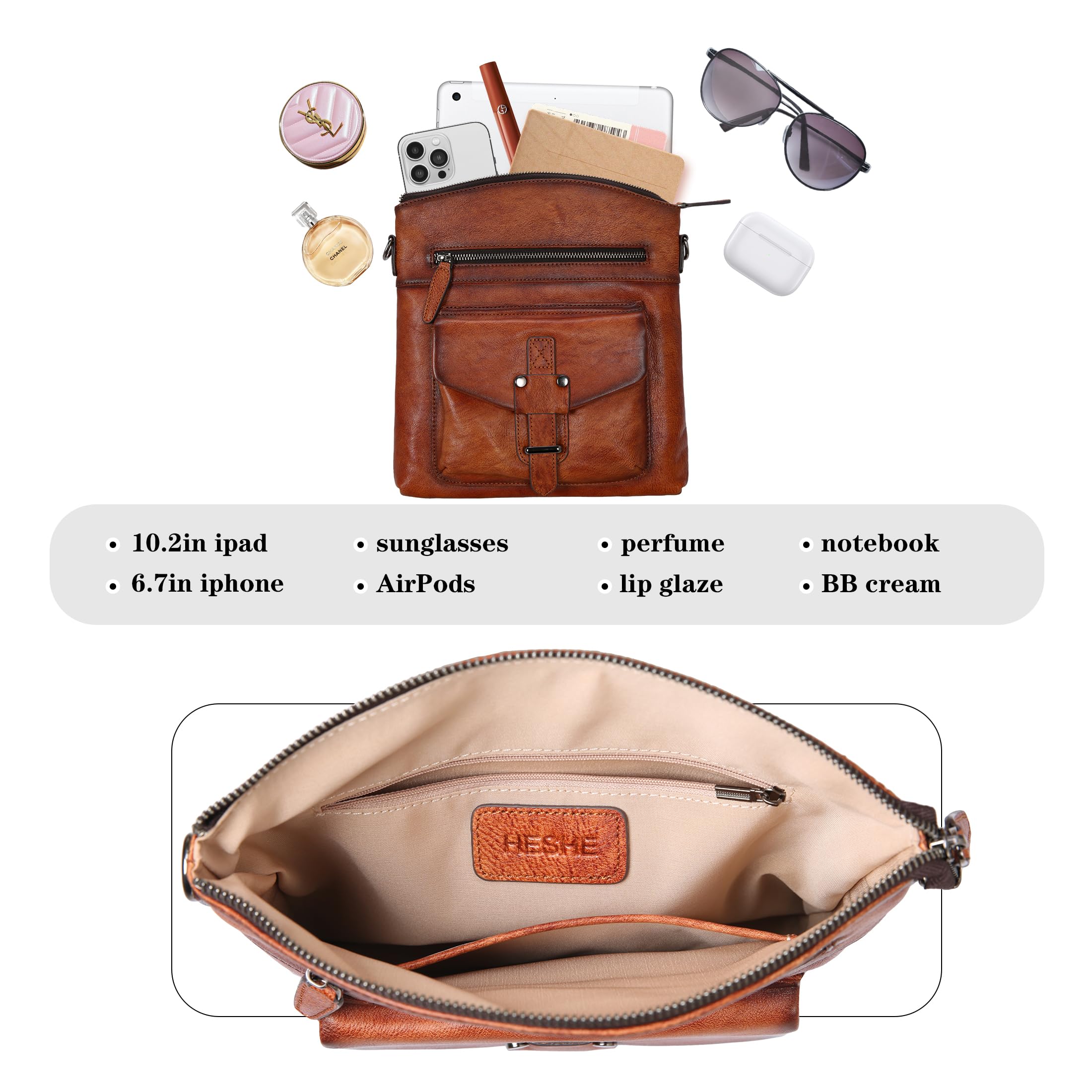 HESHE Genuine Leather Crossbody Bag for Women - Stylish Shoulder Purse & Handbag with Multiple Pockets | Perfect for Work, Travel & Everyday Use