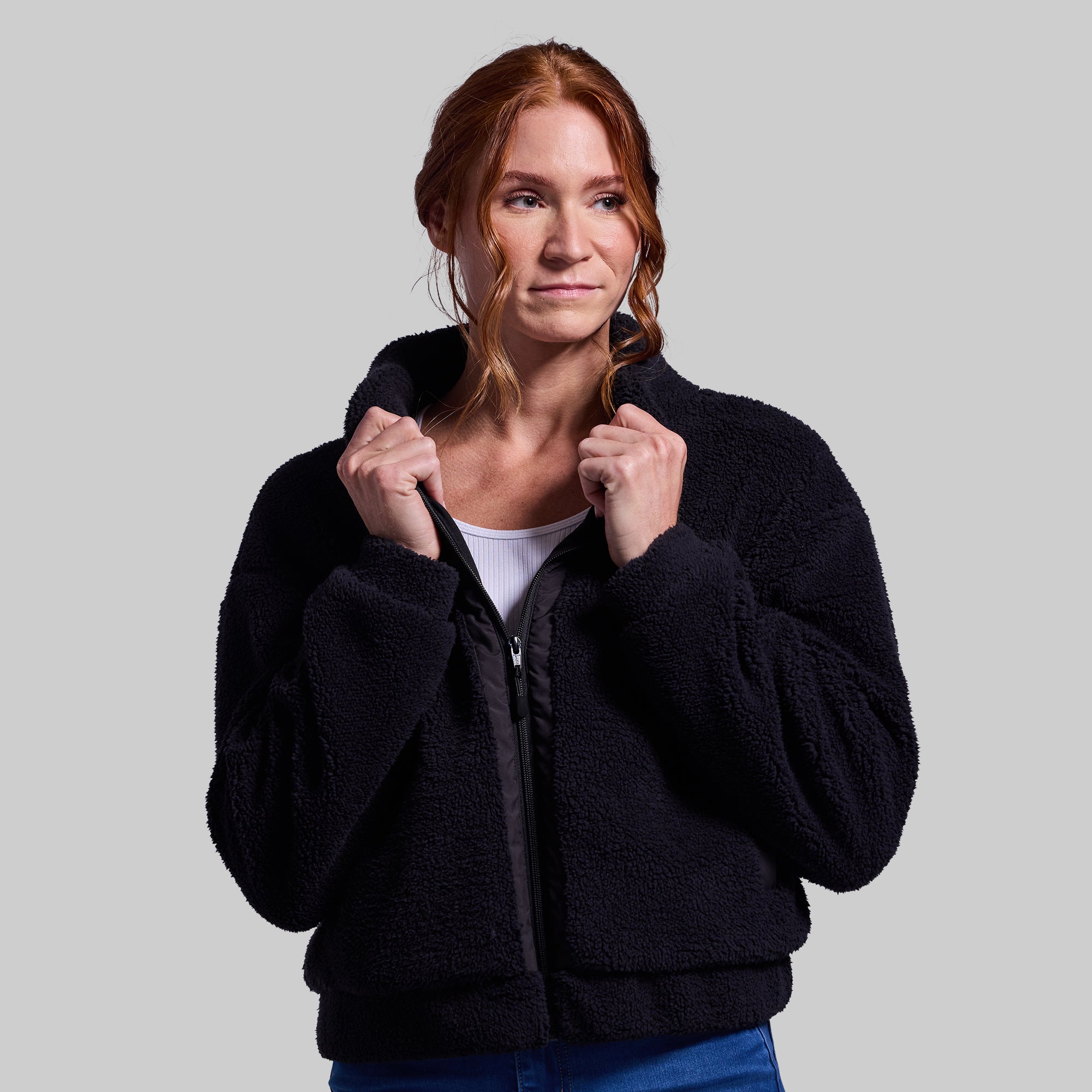 Women's Black Cropped Fleece Jacket - Cozy Winter Outerwear for Casual Wear & Outdoor Activities | Perfect for Layering, Running Errands & Fall Fashion