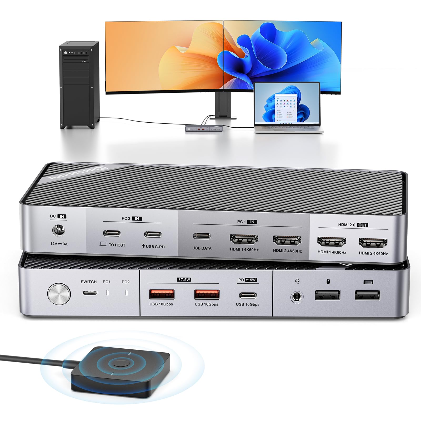 Minisopuru Dual Monitor KVM Switch Docking Station for Laptop & Desktop - 4K@60Hz HDMI, 15W Charging, EDID, 5 USB Ports (A & C), Audio Support | Compatible with Thunderbolt 5/4/3 & USB-C Windows Laptops (Not MacBook) | Perfect for Home Office, Gaming & Multi-Tasking Workstations