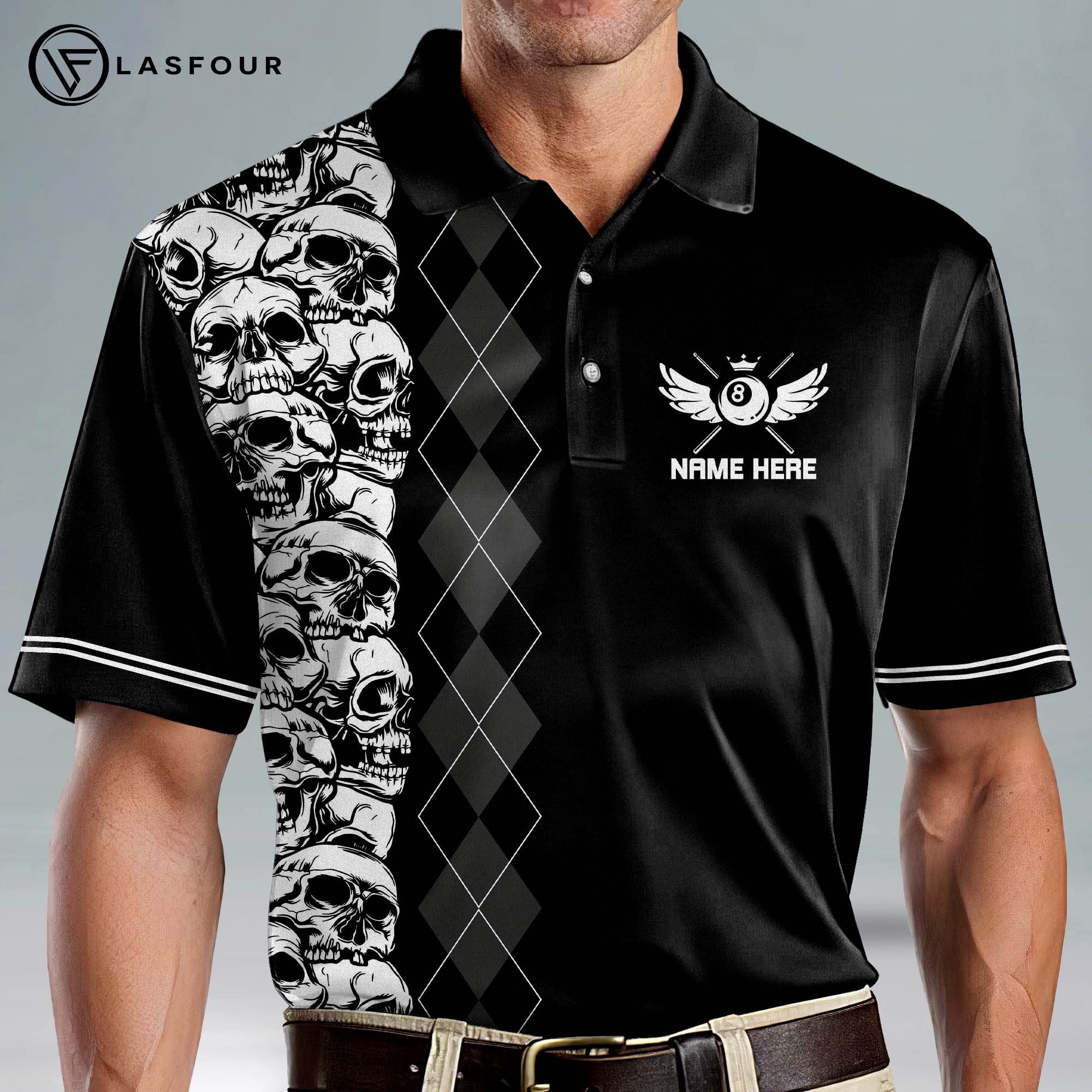 LASFOUR Custom Billiard Polo Shirts for Men - Funny Skull Print Short Sleeve Shirts - Perfect for Pool Parties, Casual Wear & Billiard Tournaments