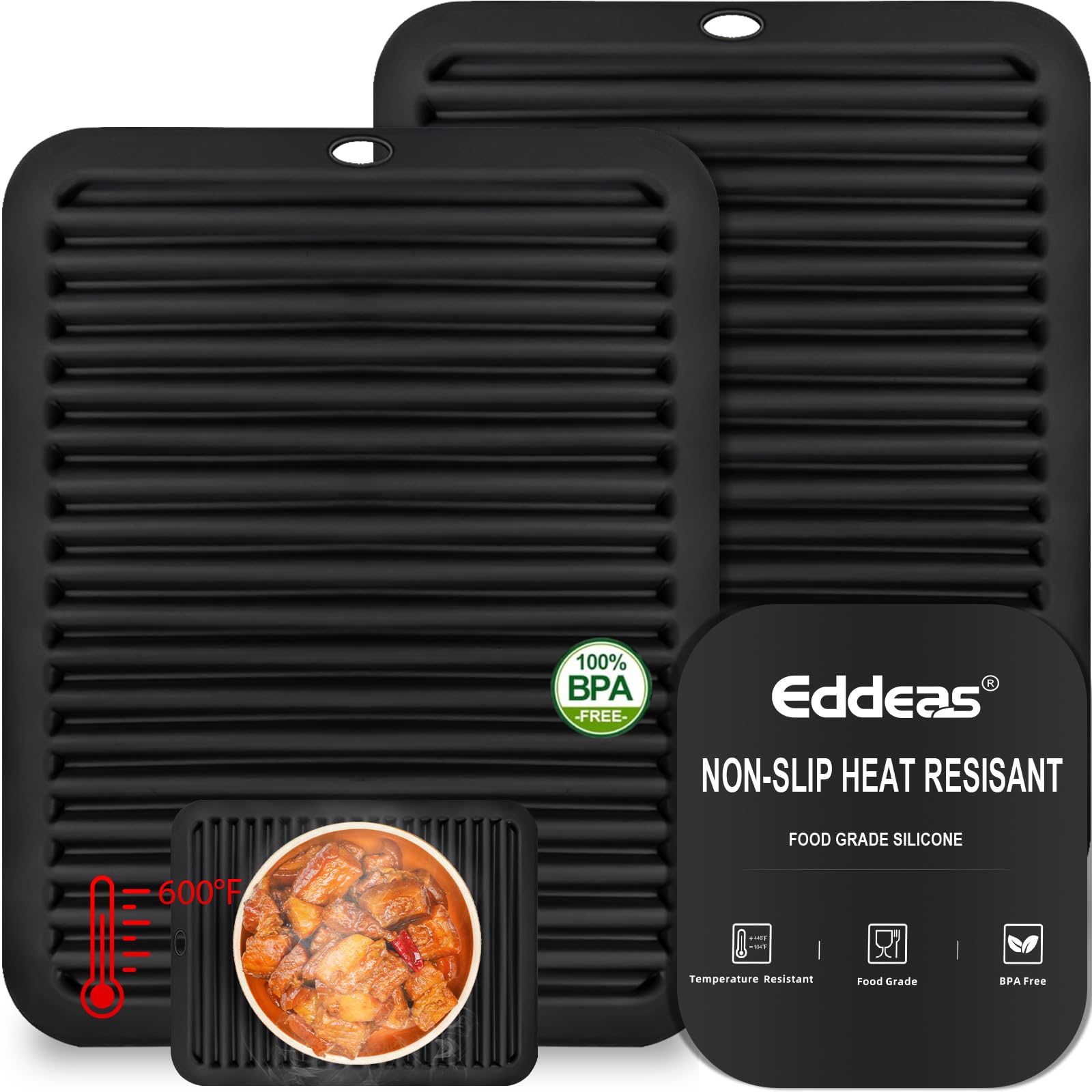 Heat-Resistant Silicone Trivets for Kitchen - Set of 2 Black Hot Pads (12