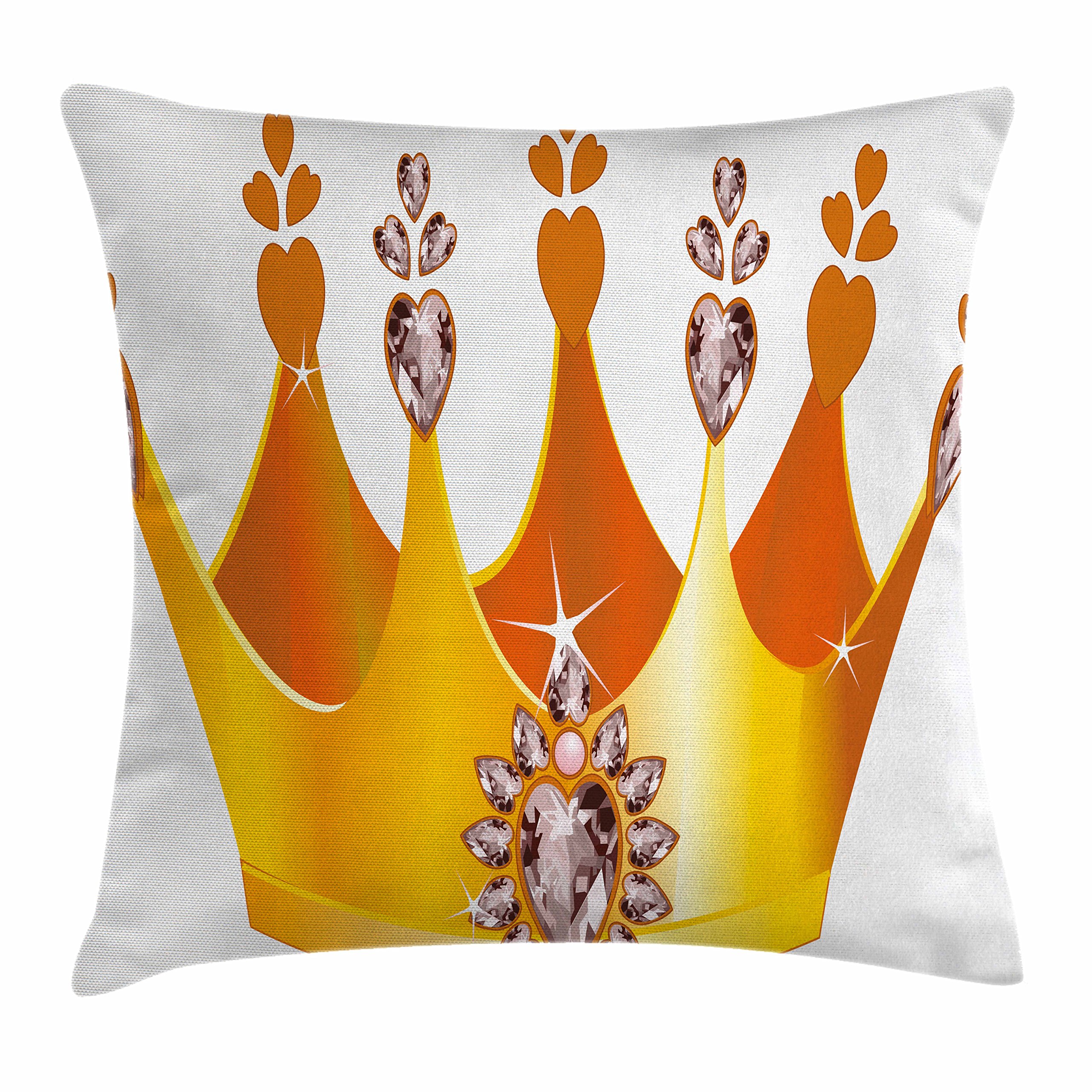 Ambesonne Queen Throw Pillow Cover 28x28 Inches - Cartoon Tiara & Hearts Floral Design, Decorative Square Cushion Case for Sofa, Bed, Living Room - Multicolor Home Decor Accessory