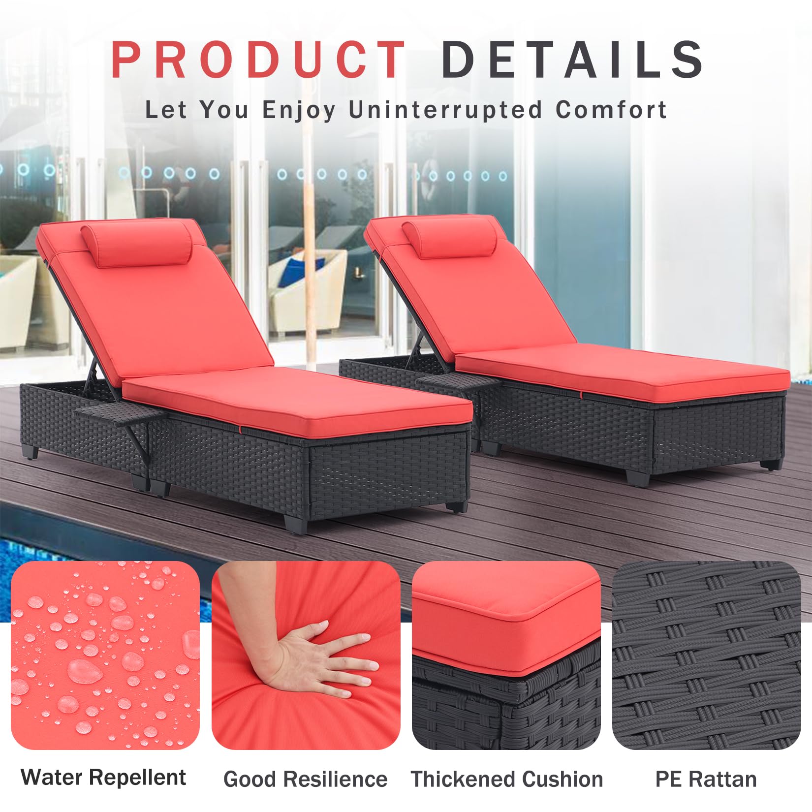 5-Speed Adjustable PE Rattan Chaise Lounge Chairs for Outside - Set of 2 with Cup Holder & Cushions - Patio, Poolside, Beach & Yard Reclining Chairs (Orange Red) - Perfect for Sunbathing, Relaxing & Outdoor Lounging