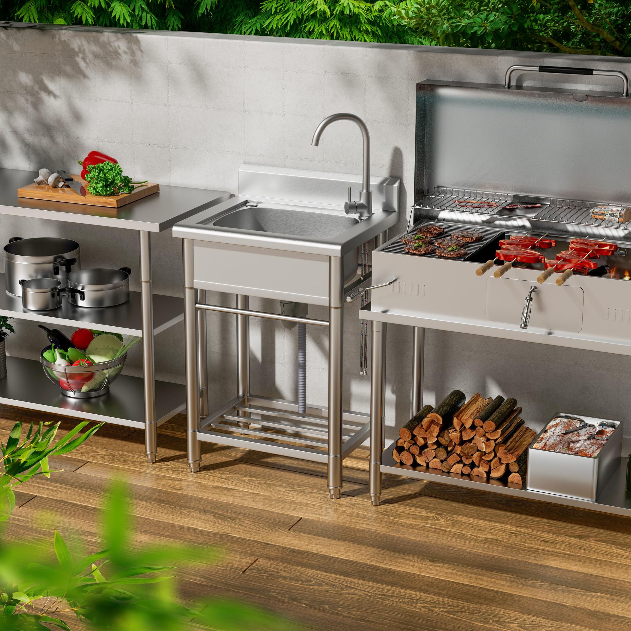 Stainless Steel Utility Sink with Single Bowl - Free Standing Kitchen Sink for Laundry Room, Bathroom & Farmhouse | Hot & Cold Water Pipes Included | Perfect for Washing Clothes, Cleaning Tools & Outdoor Use